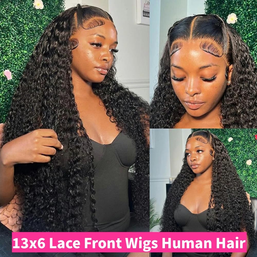 JTMMP 13x6 Deep Wave Lace Front Wigs Human Hair 200% Density 26 Inch Curly Human Hair Wig for Women Natural Black HD Transparent Lace Glueless Frontal Wigs Human Hair Pre Plucked with Baby Hair