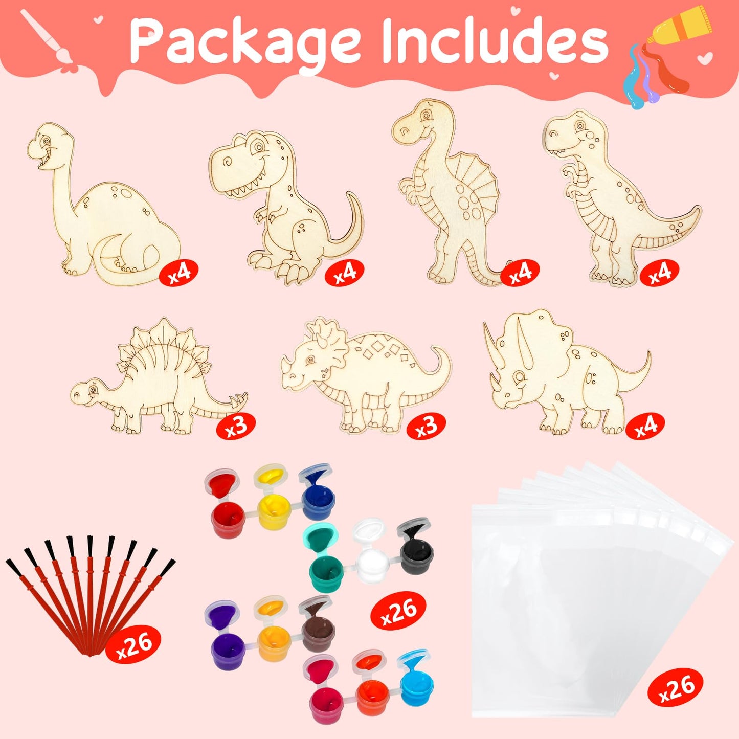 Ximoeo 26 Sets of Dinosaur Wood Paint Crafts Set Valentine's Day Gifts for Kids with Valentine's Day Card School Classroom Valentine Gifts Boy Girl Exchange Party Favors Goodie Bags for Kids