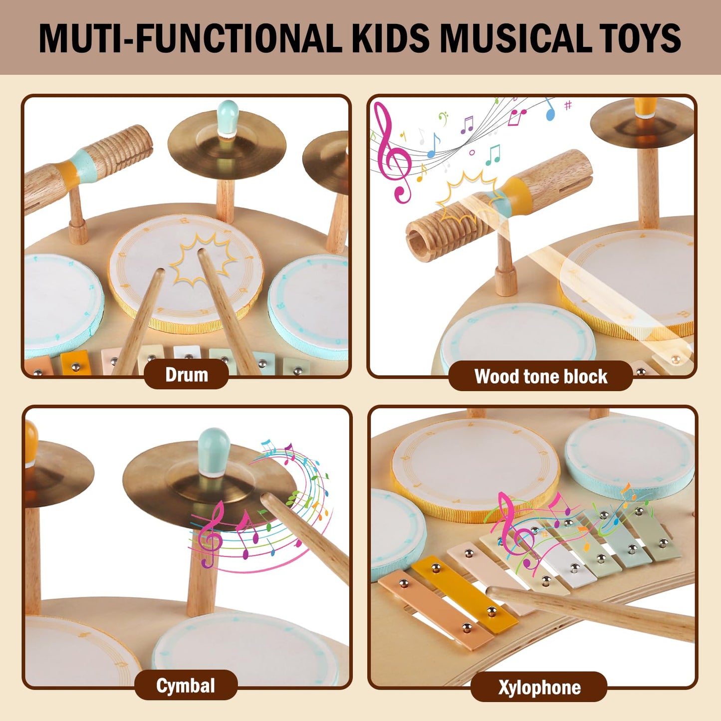 Toddlers Drum Set Toys for 3 Year Old Boy Girls,Baby Drum with Xylophone for Toddlers 3,Musical Instruments, Kids Wooden Montessori Toys, Christmas Birthday Gifts for Age 3+ (Drum Set)