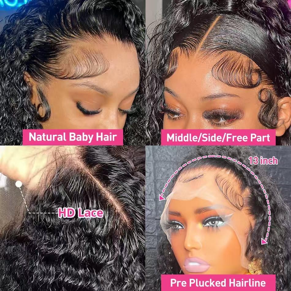 SQU&CIR 28 Inch Deep Wave Lace Front Wigs Human Hair 180% Density 13x4 HD Lace Front Wigs Human Hair Deep Curly Lace Frontal Wigs Human Hair Pre Plucked with Baby Hair