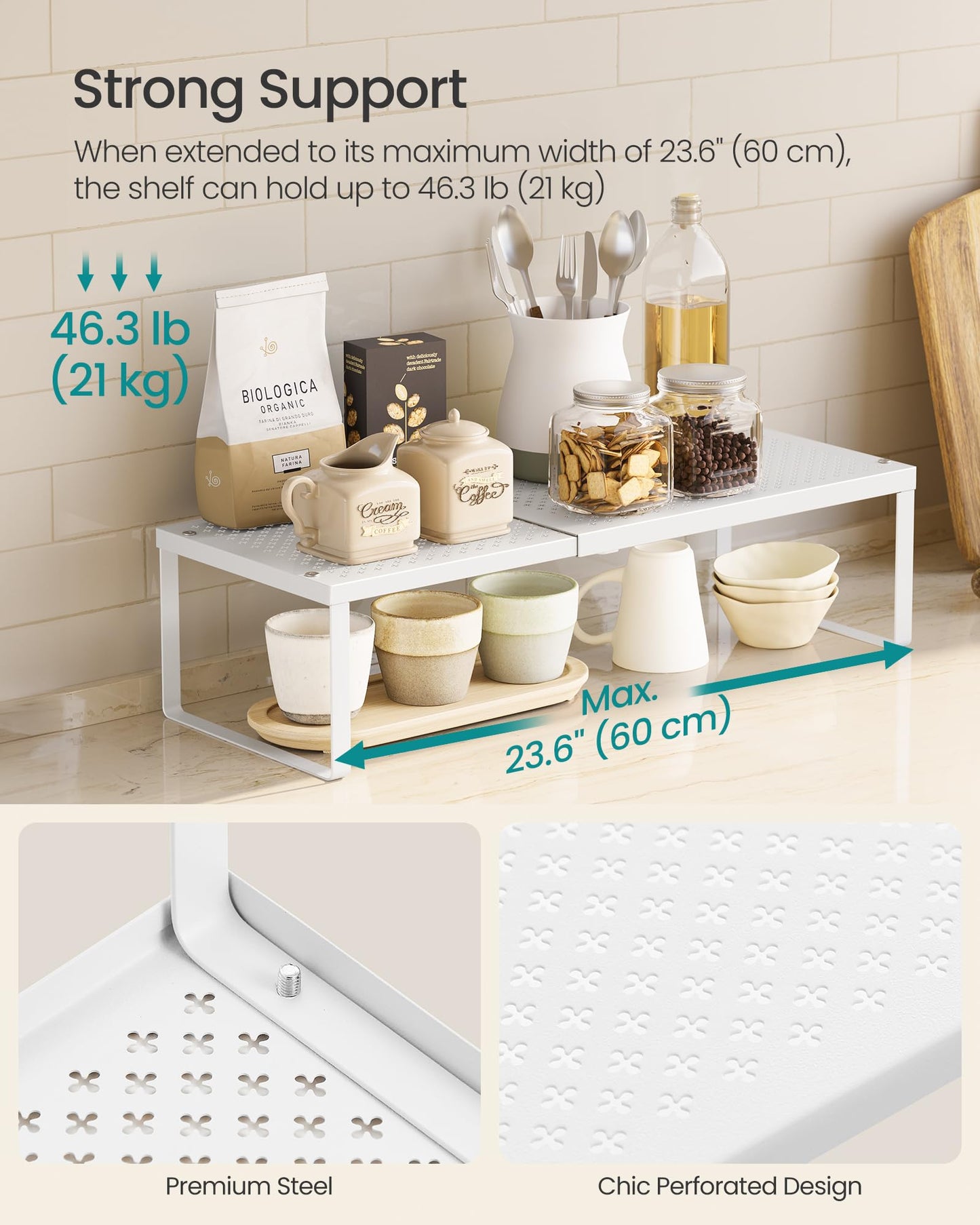SONGMICS Spice Racks, Set of 4 Expandable Kitchen Countertop Shelves, Small Cupboard Organizers, Metal, Space-Saving Tabletop Shelves, Matte White UKCS404WC01