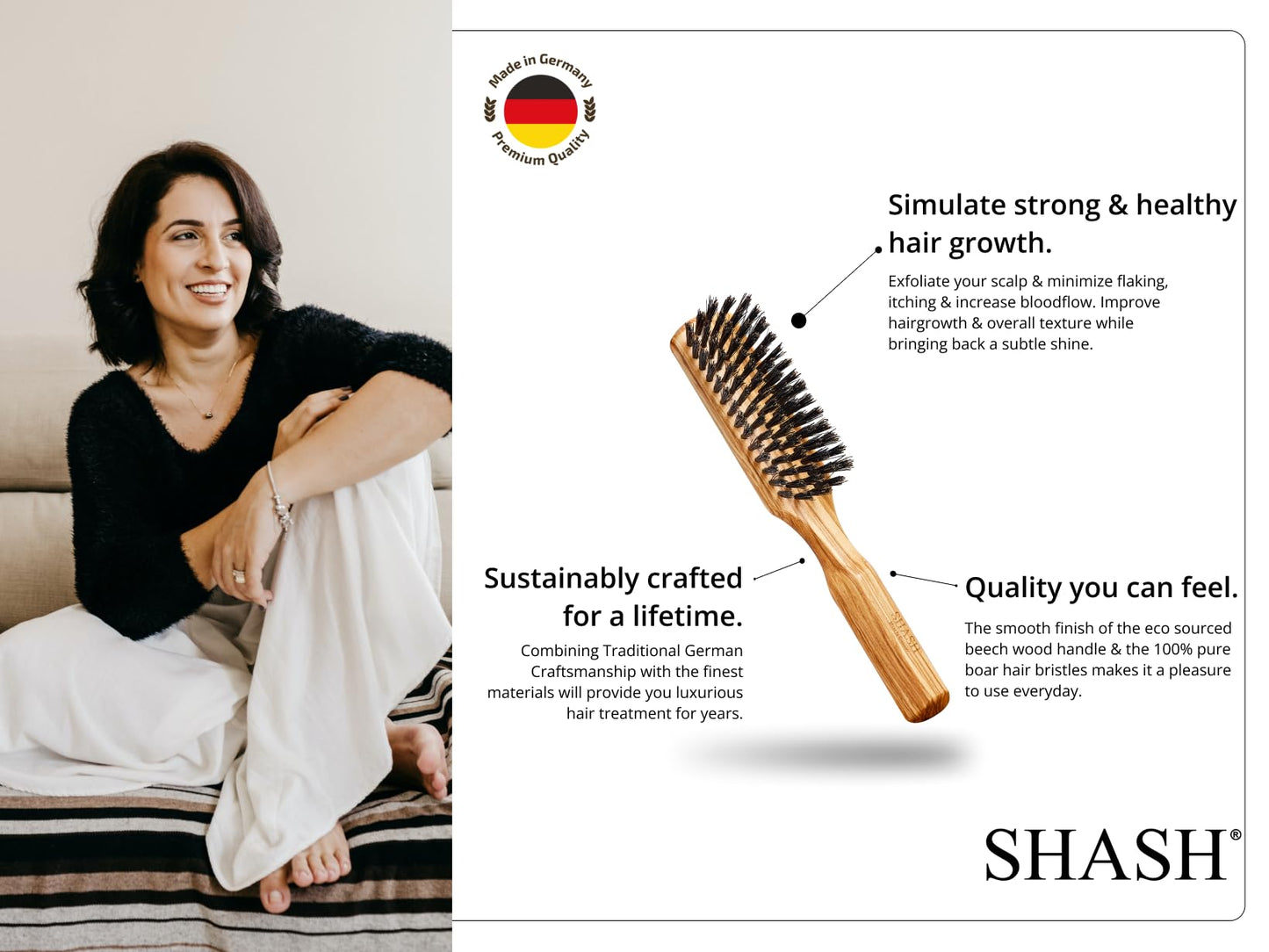 Made in Germany - SHASH + KELLER BÜERSTENFABRIK 100% First Cut Boar Bristle Hair Brush, Suitable For Thin To Normal Hair - Naturally Conditions Hair, Improves Texture, Exfoliates, and Stimulates