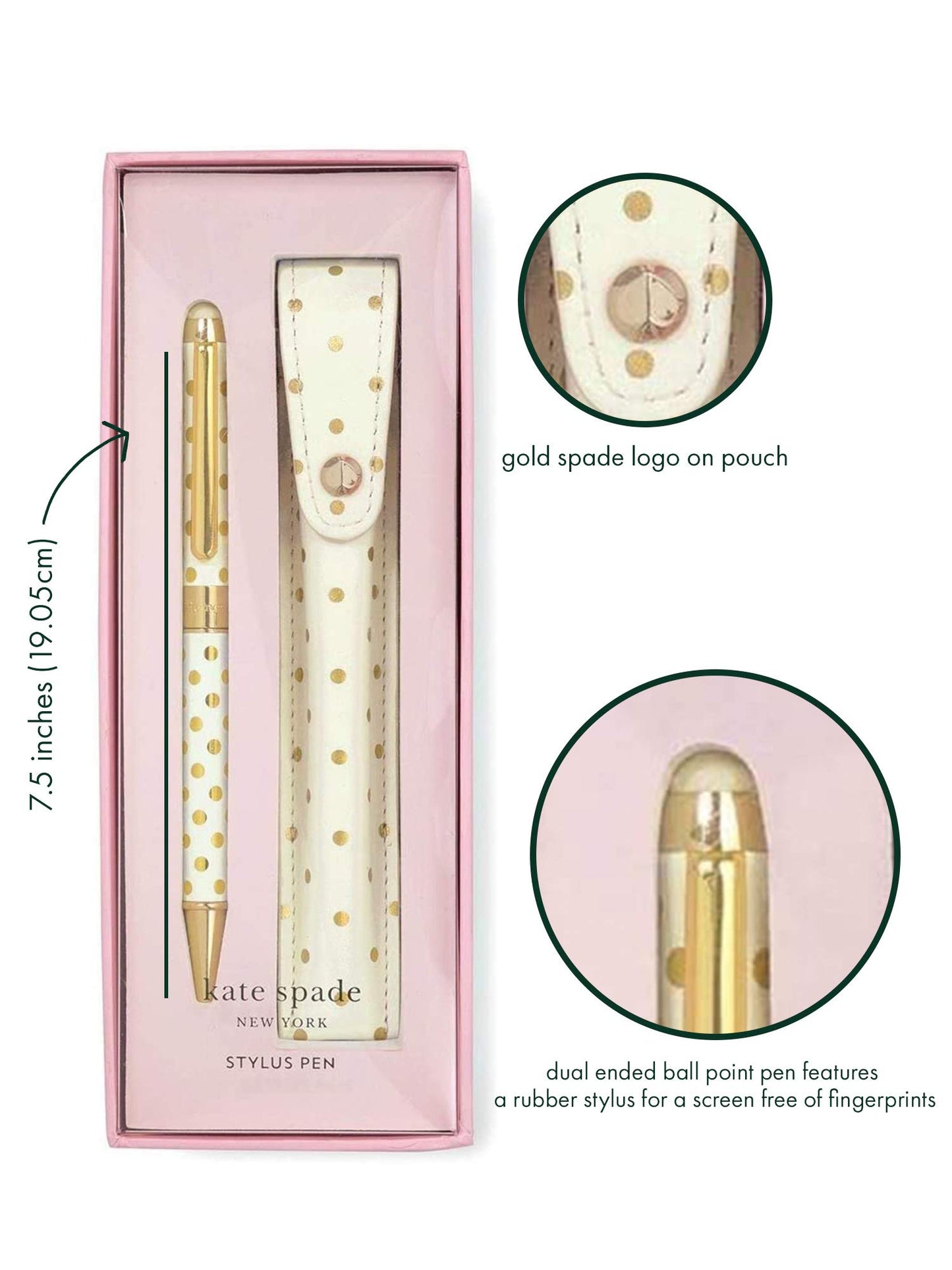Kate Spade New York Black Ink Ballpoint Pen with Stylus Tip and Storage Pouch, Gold Dots