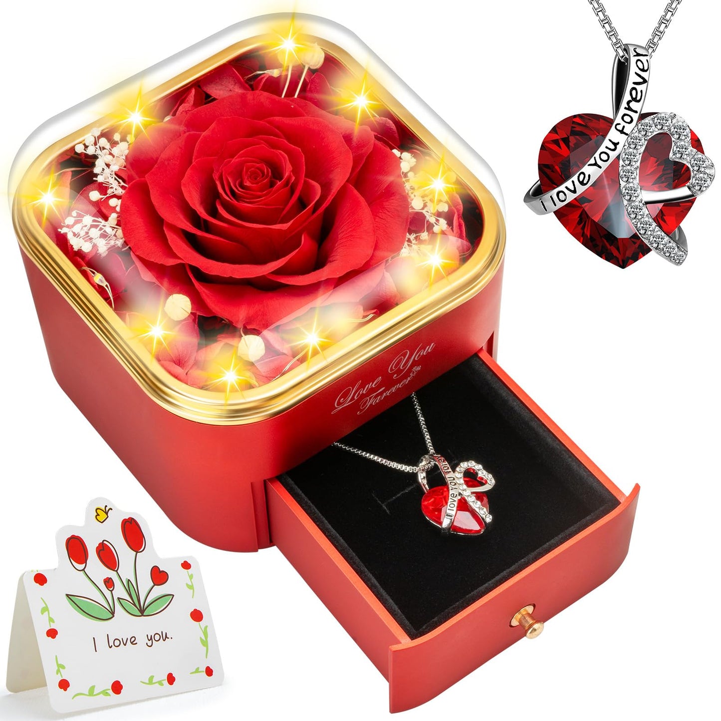 Lebana Preserved Red Real Rose with Heart Necklace for Mom Her Women Wife Girlfriend Grandma Gifts Idea on Christmas Valentines Mothers Day Christmas Anniversary Romantic-Red