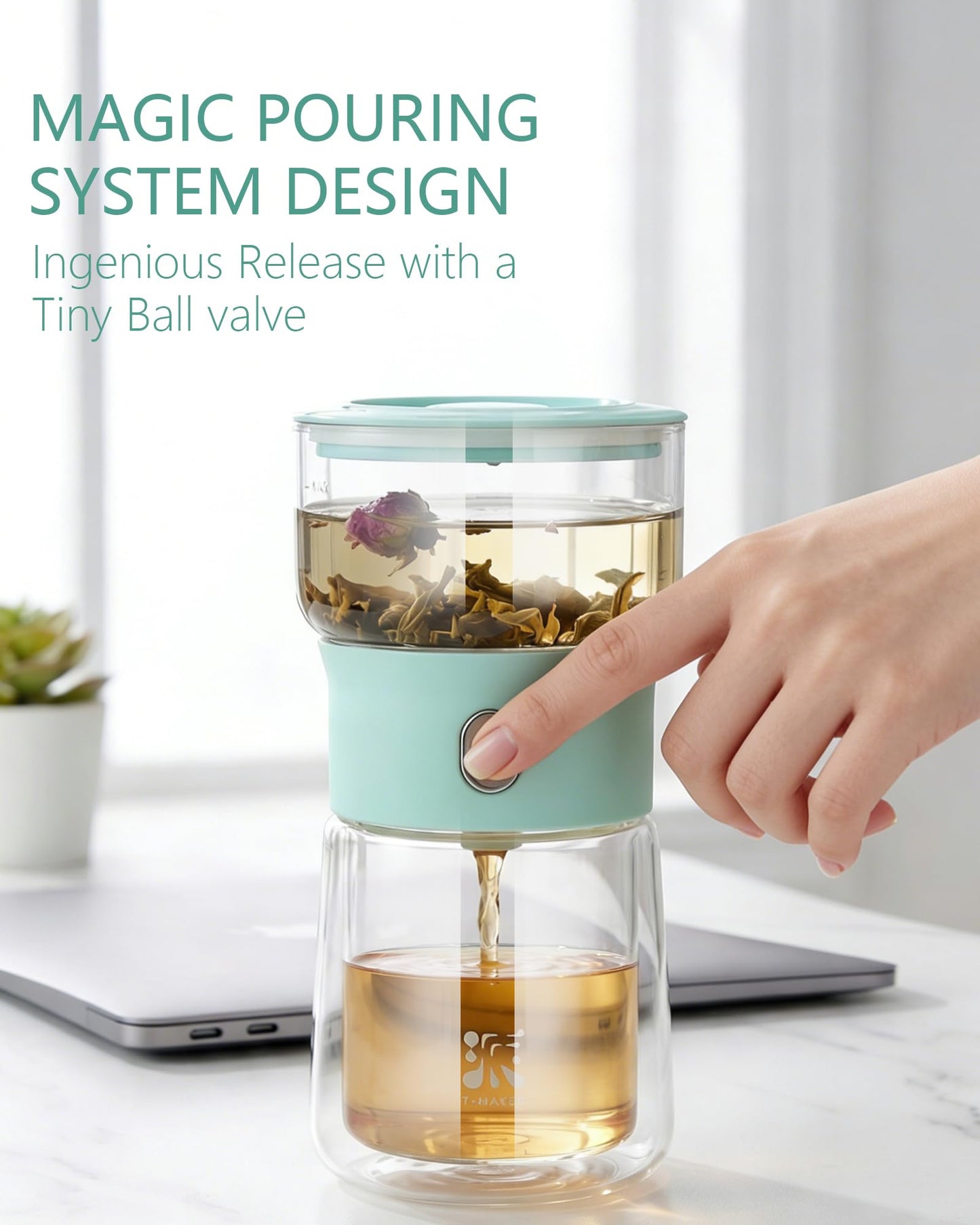 ZENS Modern Glass infuser Teapot, Small One Touch Tea Maker for Loose Tea Diffusers with 200ml Insulated Cup and Blue Portable Carry Case, Magic Gongfu Tea Pot for Tea Lovers Gifts