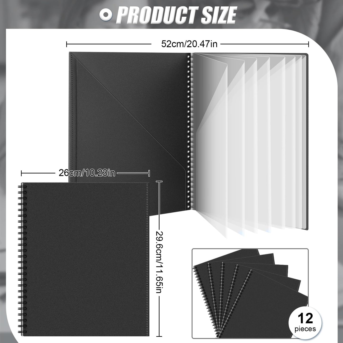 12 Pcs 10 Pocket Folder Bulk Plastic Spiral Project Organizer for Documents Papers Homework Portfolio Folder Binder with Plastic Sleeves School Office Supplies (Black)