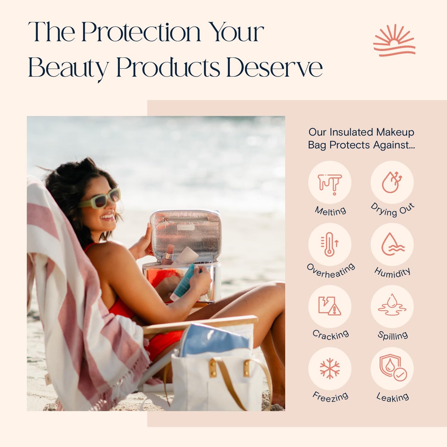Stay Golden Large Insulated Makeup Bag - Waterproof Vegan Leather Beauty Travel Skincare Bag - Heat-Resistant Zippered Toiletry Designer Makeup Bag Shields Cosmetics from Melting, Freezing & Spoiling