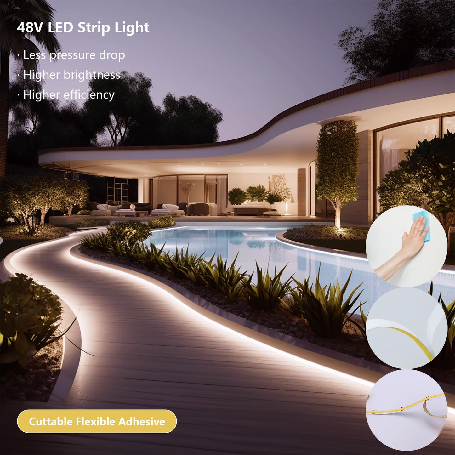 BENLUN 48V Outdoor LED Strip Lights Waterproof, 65.6ft 150W 3000K Warm White Dimmable LED Tape Light Cuttable with Power Supply for Bedroom Ceiling Garden Living Room Commercial House