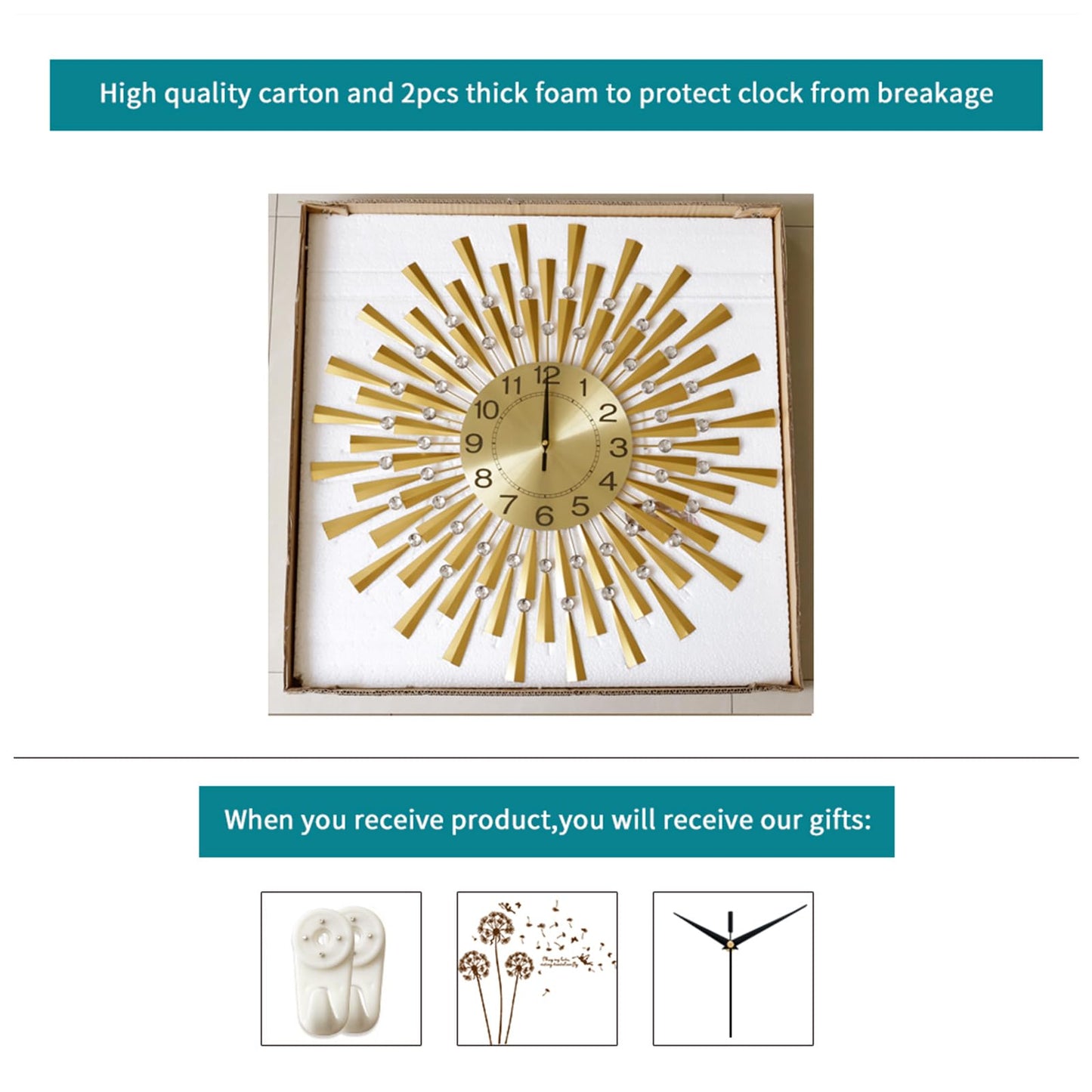 FLEBLE Large Wall Clocks for Living Room Decor Modern Gold Silent Wall Clock Battery Operated Non-Ticking for Bedroom Kitchen Office Home Decorative 24Inch Retro Crystal Clock Wall Decor for House