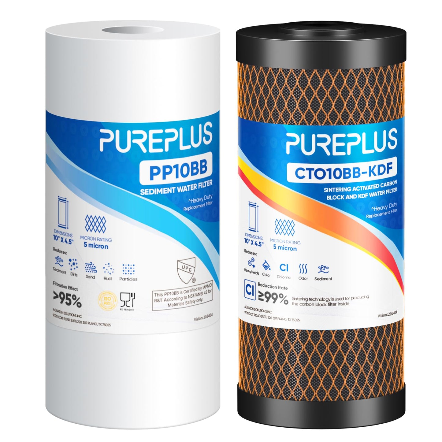 PUREPLUS 5 Micron 4.5" x 10" Whole House Water Filter Combo Kit with Sediment, KDF & Activated Carbon Block Filter, Replacement for RFC-BBSA, HD-950, WFHD13001B, WFHDC8001, FXHTC, GXWH40L,1PACK