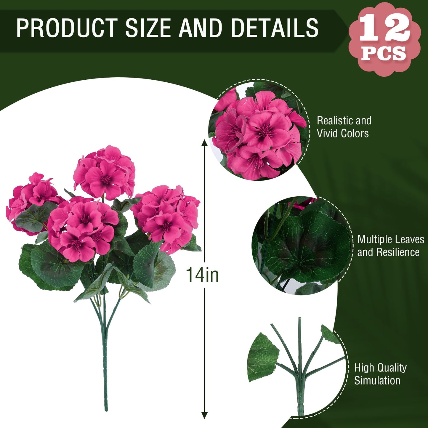 Hananona 12 Pcs Artificial Geranium Flowers for Outdoors Geranium Silk Flowers Outdoor UV Resistant Garden Plants Faux Flowers for Home Kitchen Table Centerpieces Decor (12, Rose Red)