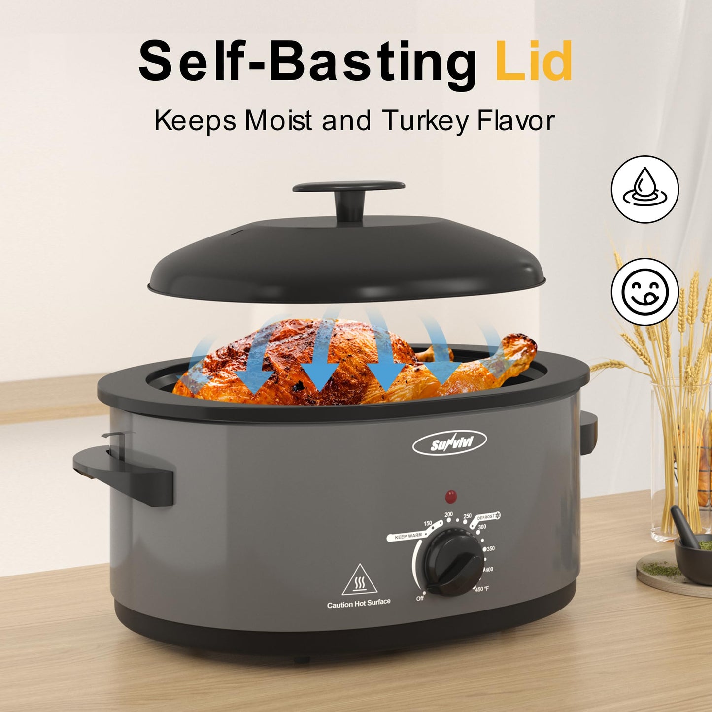 SUNVIVIPRO Slow Cooker with Self-Basting Lid, Electric Turkey Roaster Oven with Removable Pan and Rack, Stainless Steel, Grey, 8 QT