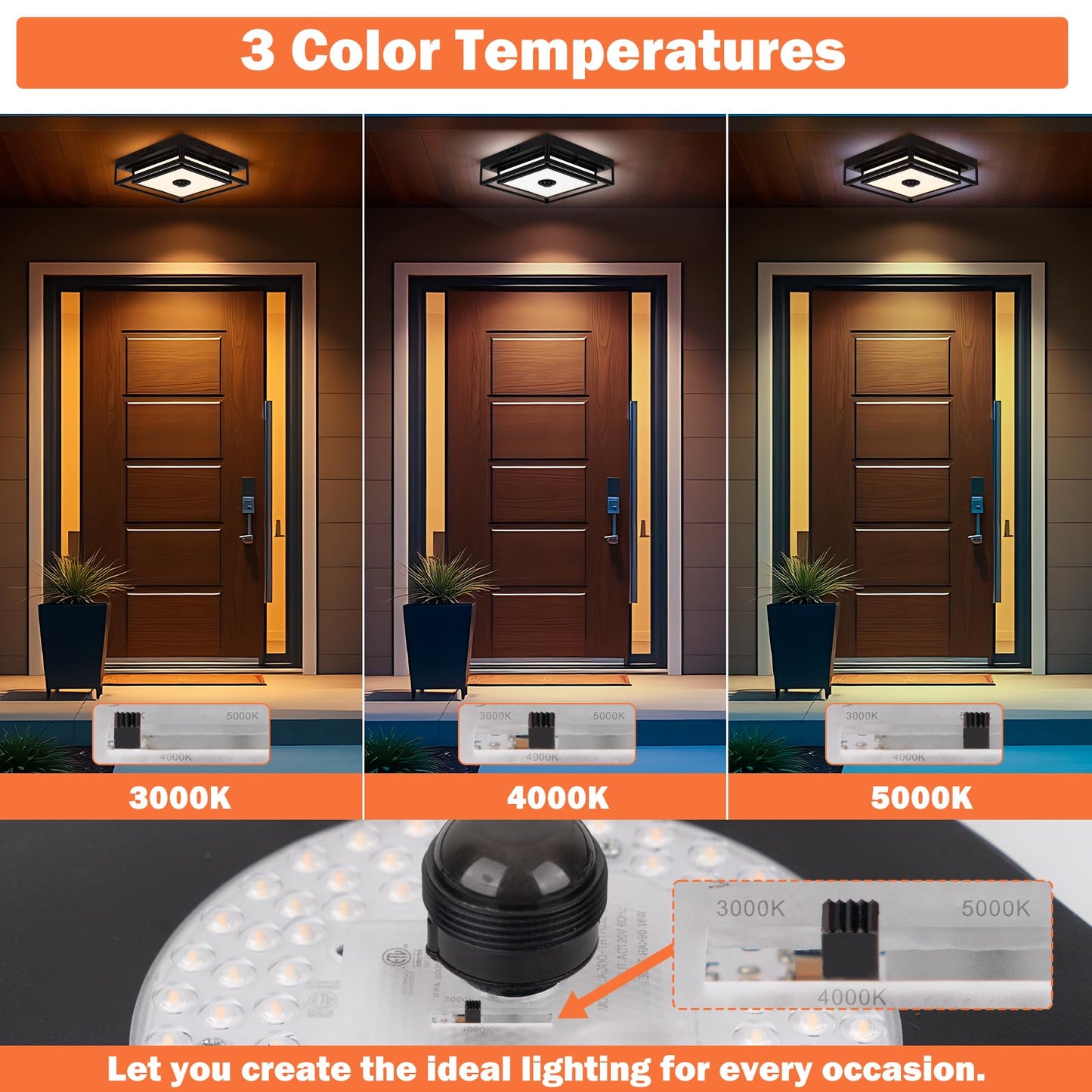 LED Motion Sensor Outdoor Ceiling Light, Modern Black Flush Mount Ceiling Light, 10.5" Square Dusk to Dawn Exterior Light, Waterproof Light Fixture Ceiling Mount for Porch, Garage, Entryway ,Farmhouse