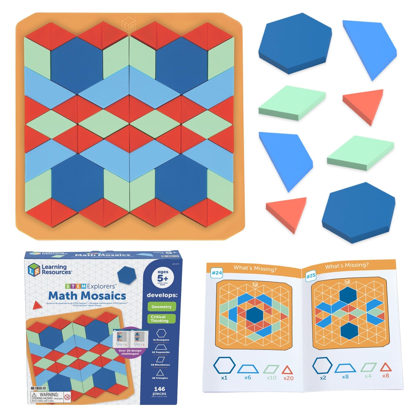 Learning Resources STEM Explorers Math Mosaics - Geometry Math Manipulatives, Montessori Symmetry and Patterning, Critical Thinking for Students, Fine Motor Skills, Puzzle Tile, Back to School