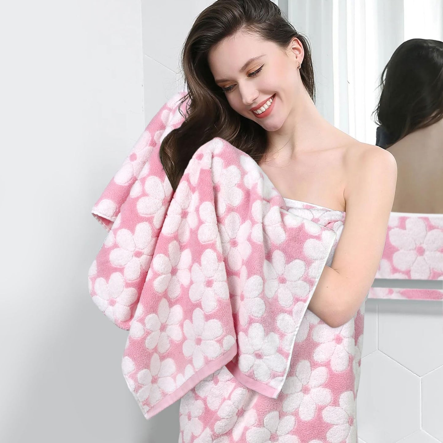 Jacquotha Pink Bath Towels Set of 2, Super Absorbent & Decorative 27.5x55 Inches, Cute Floral Jacquard Shower Towel for Bathroom Decor, Beach, Cotton