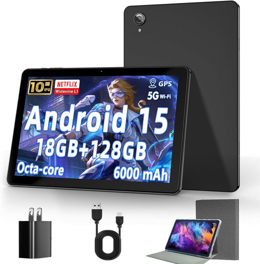 10 Inch Tablet, Android 15 Tablets with 18GB RAM+128GB ROM(Expand to 1TB), Octa Core 1280 * 800 IPS HD Display, 6000mAh Battery, Dual 5MP+8MP Camera, 5G/2.4G WiFi