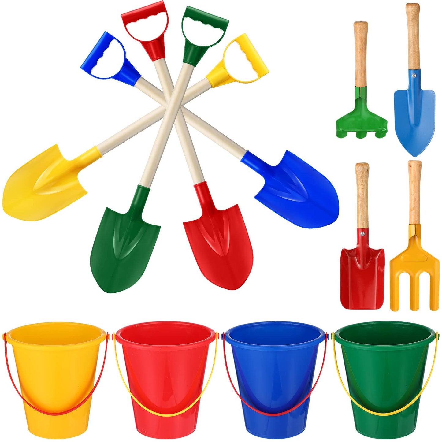 Jexine 24 Pcs Sand Buckets and Shovels for Kids Beach Sand Toys Bulk 12 Plastic Beach Buckets and 12 22 Inches Gardening Shovel with Wooden Handle Summer Toys for Boys and Girls, 4 Colors