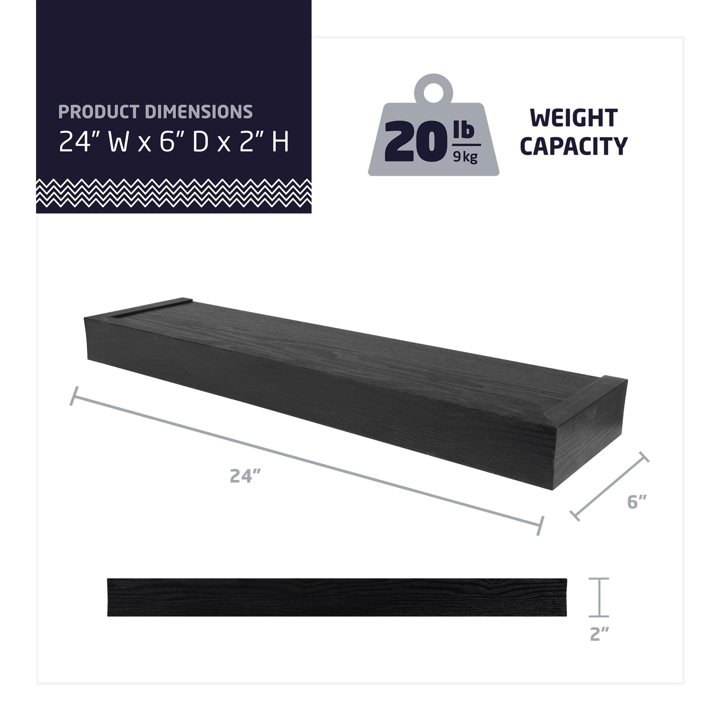 HIGH & MIGHTY 515658 Modern 24" Floating Shelf Holds up to 20lbs, Easy Tool-Free Dry Wall Installation, Flat, eCommerce Packaging, Black