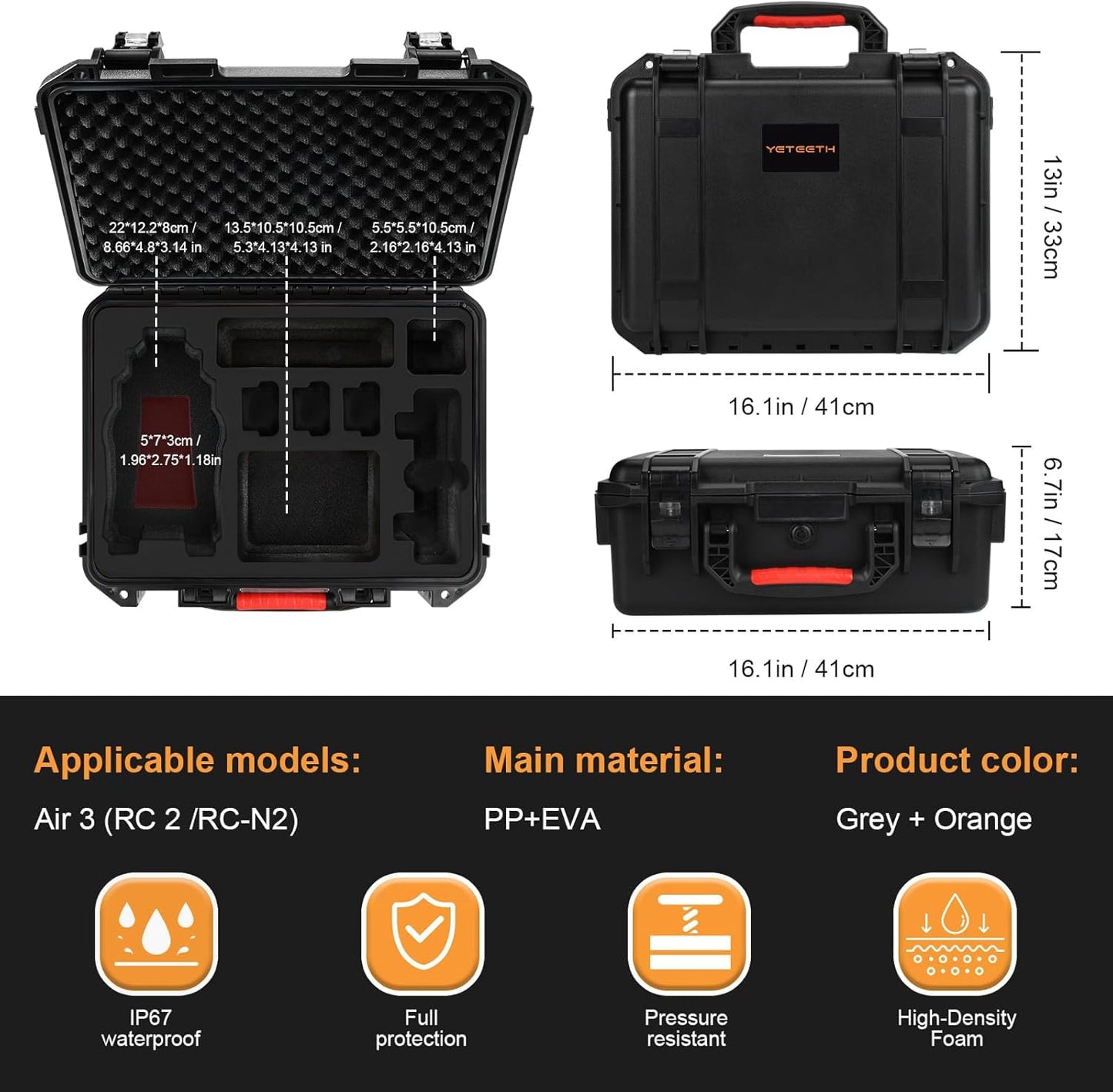 Hard Case for DJI Air 3S/Air 3 - Waterproof Carrying Cases, Portable Storage Bag Fits for DJI Fly More Combo, RC 2/RC-N2/RC-N3 Controller, Batteries, Charger, Cables, Accessories (Only Black Case)