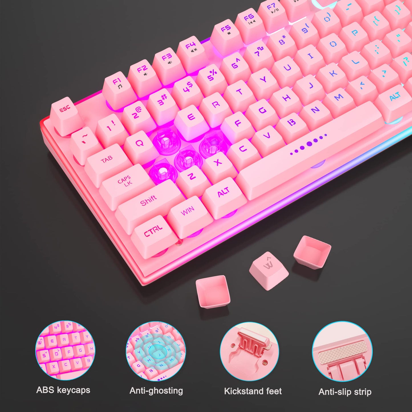 MageGee Gaming Keyboard and Mouse Combo, True RGB Backlit Membrane Office Keyboard Mouse, 104 Keys Anti-Ghosting Metal Panel Quiet Wired Keyboard for Windows Laptop PC Gamer- Pink