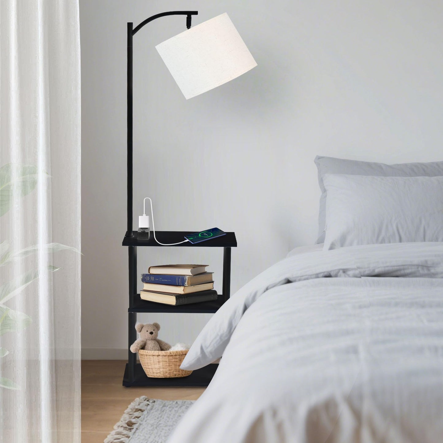 Qupui Floor Lamp with Table, Narrow Side Table with USB-A/USB-C Charging Station and AC Port, 3 Color Temperatures 12W LED Bulb, End Table for Bedroom, Living Room and Home Office, Black