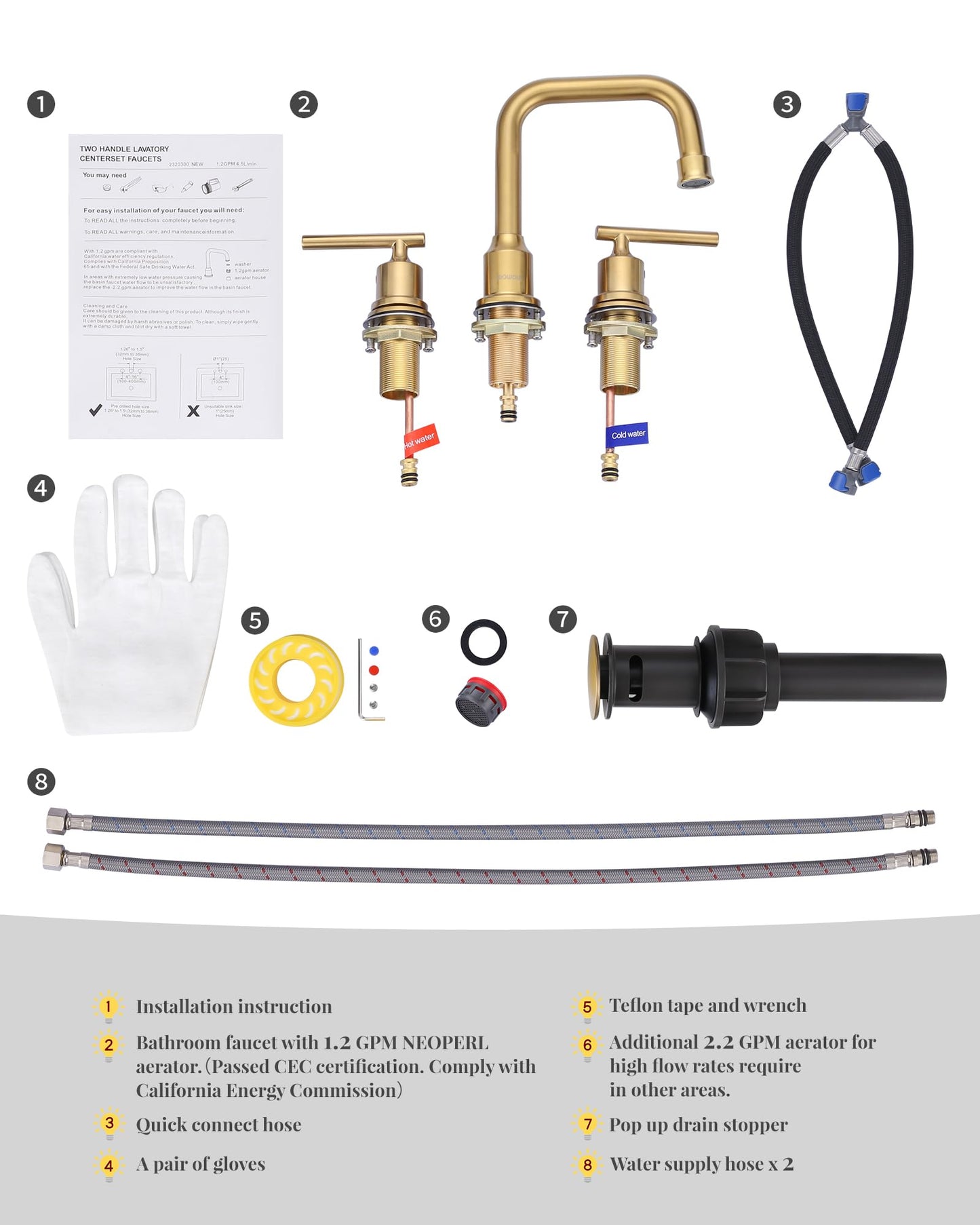 WOWOW Brushed Gold Bathroom Faucet Widespread Bathroom Sink Faucet 2 Handle Lavatory Tap 3 Holes with Drain and Supply Hoses Mordern Basin Taps
