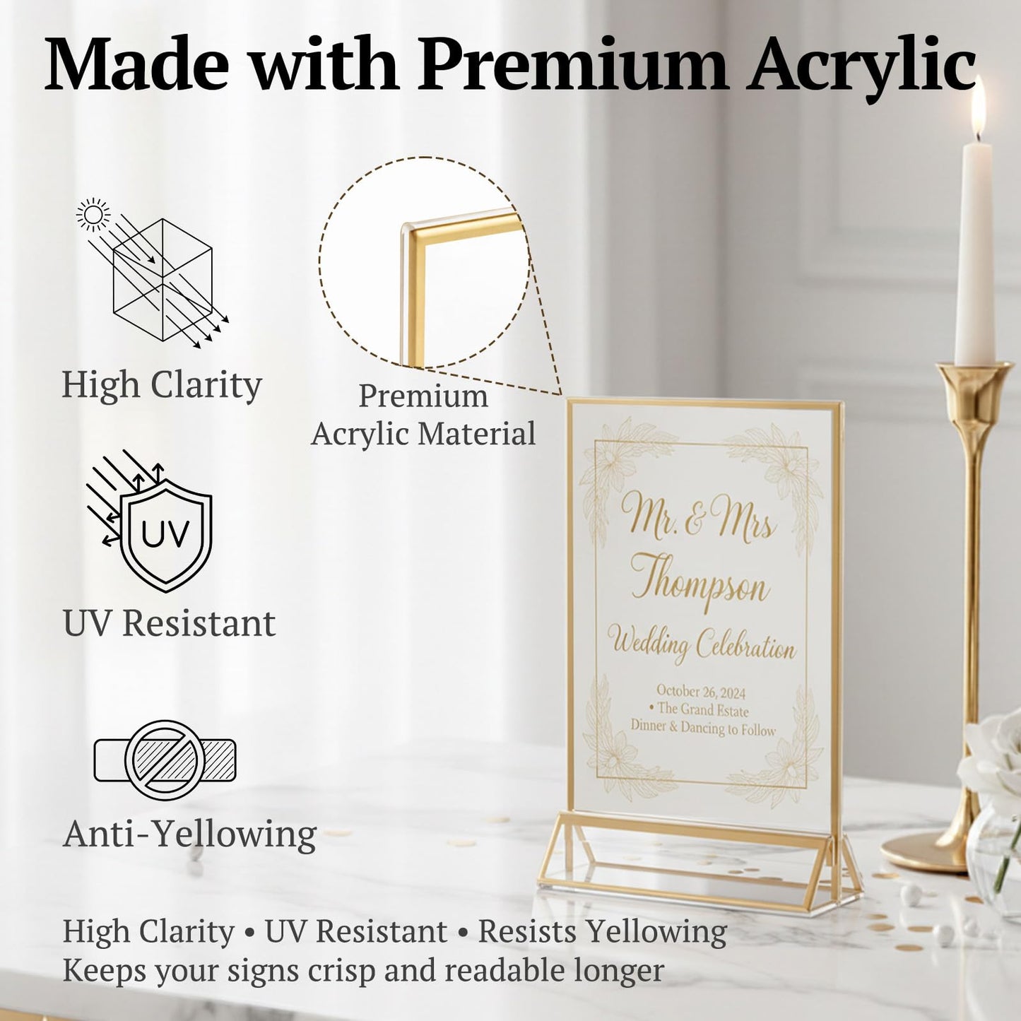 Daofary Acrylic Sign Holder 4x6, 14 Pack Double Sided Clear Gold Frame Tabletop Display, Menu Flyer Table Number Holder for Wedding Reception and Restaurant Tables