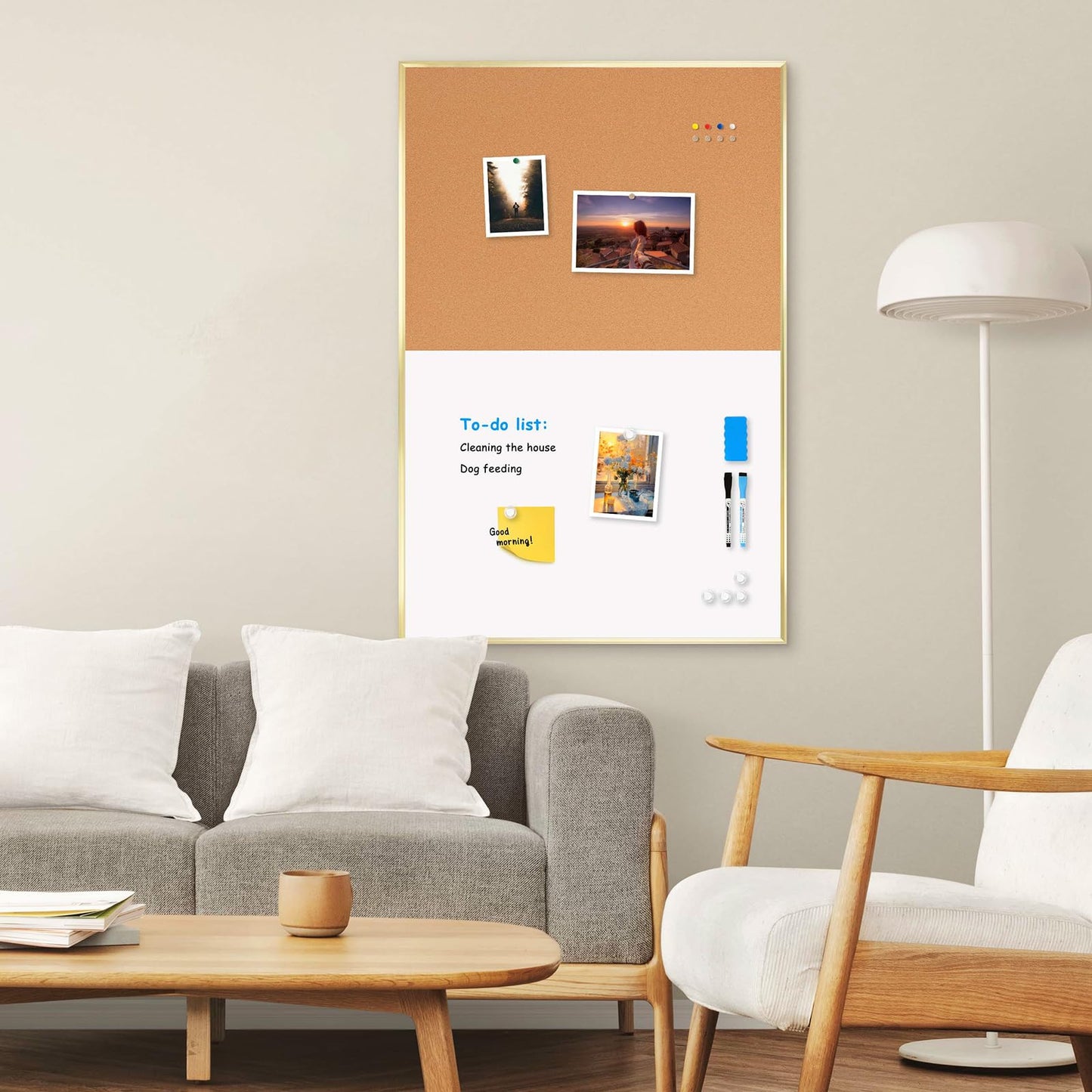 QUEENLINK Cork Board White Board Combo - 36'' x 24'' - Half Bulletin Board - Half Magnetic Dry Erase Board - Gold Aluminum Frame