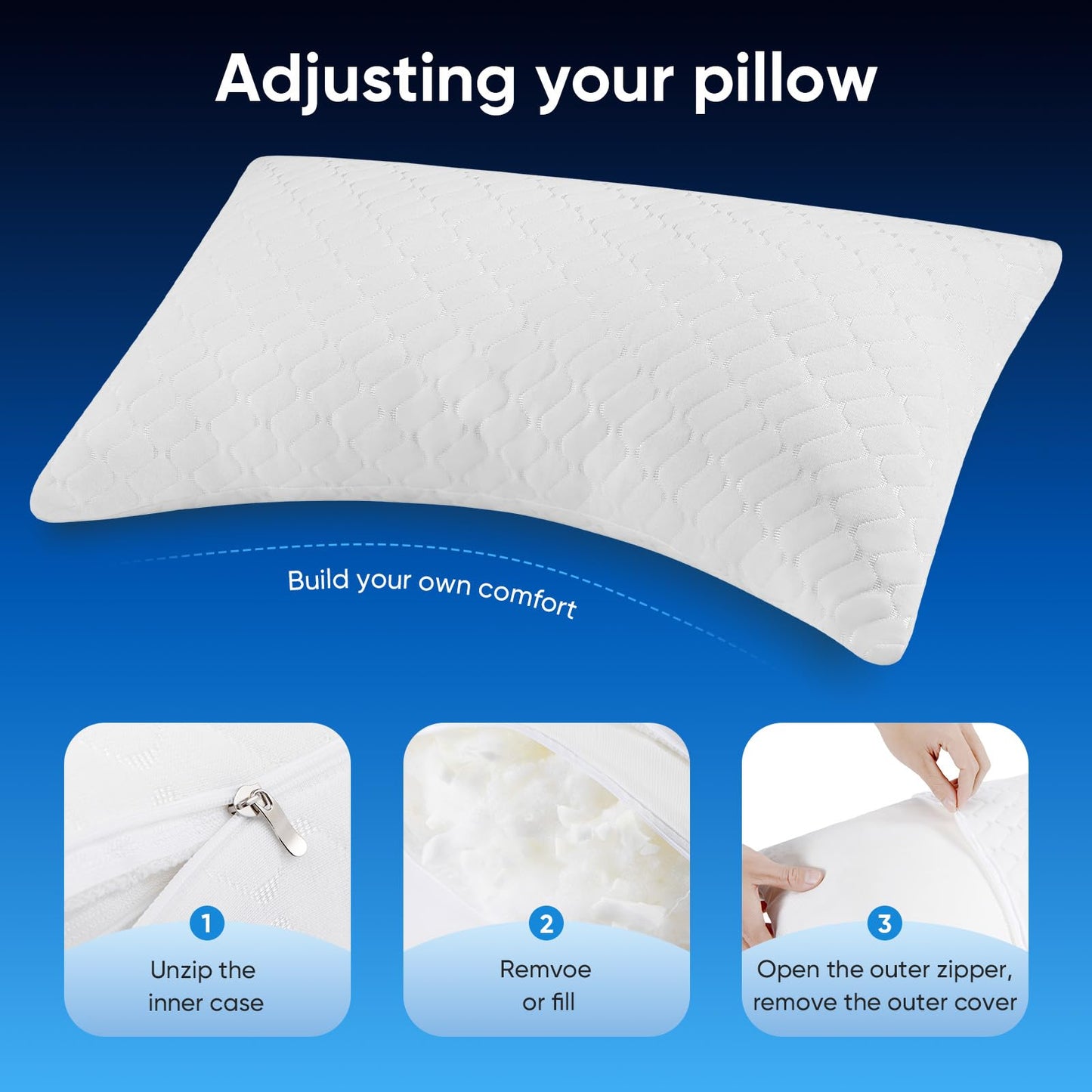 TWK Original Adjustable Bed Pillow for Sleeping, Good for Side, Back & Stomach Sleeper with Washable Removable Cover, Additional Foam Fill Included（(White, Queen Size (1 Pack))）
