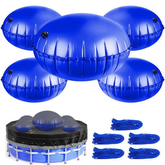 4+1 Combined Pool Pillow,Inflatable PoolPillows for Above Ground Pools with 5Pcs 10m Ropes,Pool Air Pillow for Support Swimming Pool Covers(Dark Blue, 5ft Dia + 4Pcs 3ft Dia)