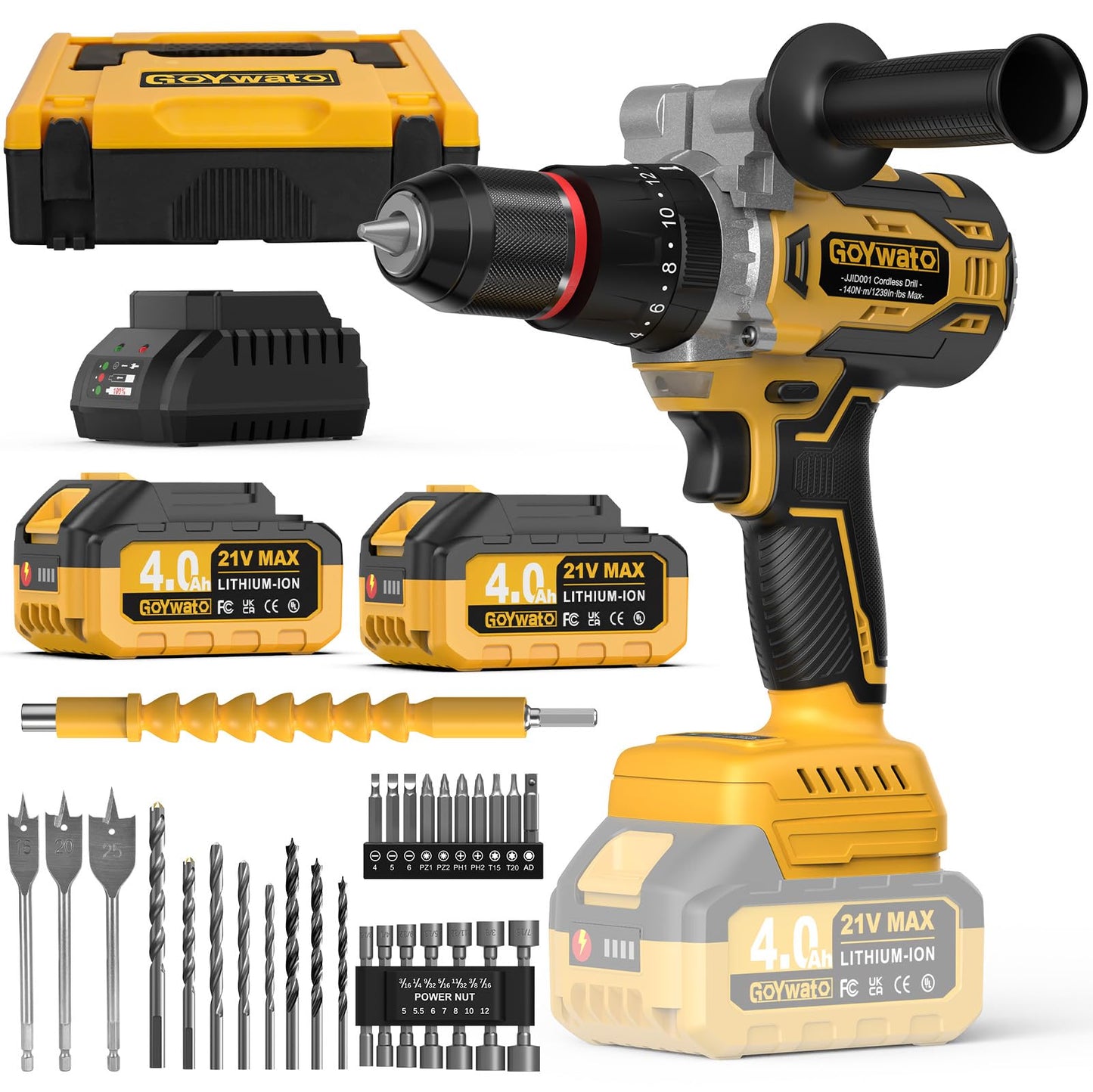 GoYwato 1239In·lbs Cordless Hammer Drill - 140N·m 21V Brushless Electric Power Impact Drill Set w/ 2 x 4.0Ah Battery & 1/2Inch Self-Locking Metal Chuck & 36Pcs Accessory for Drilling Wood Bricks Metal