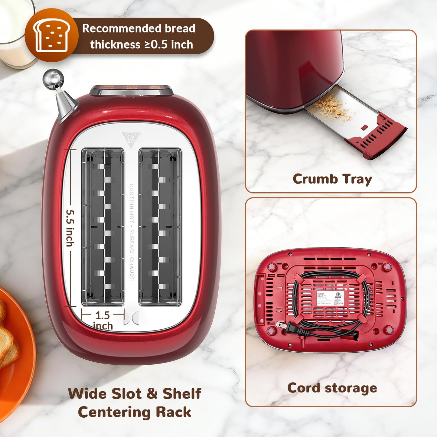 Mecity Toaster 2 Slice, Touch Screen Wide Slot Retro Toaster For Breads Bagel Muffin Waffle, House Warming Gift New Home, 120V 825W, Red Pearl