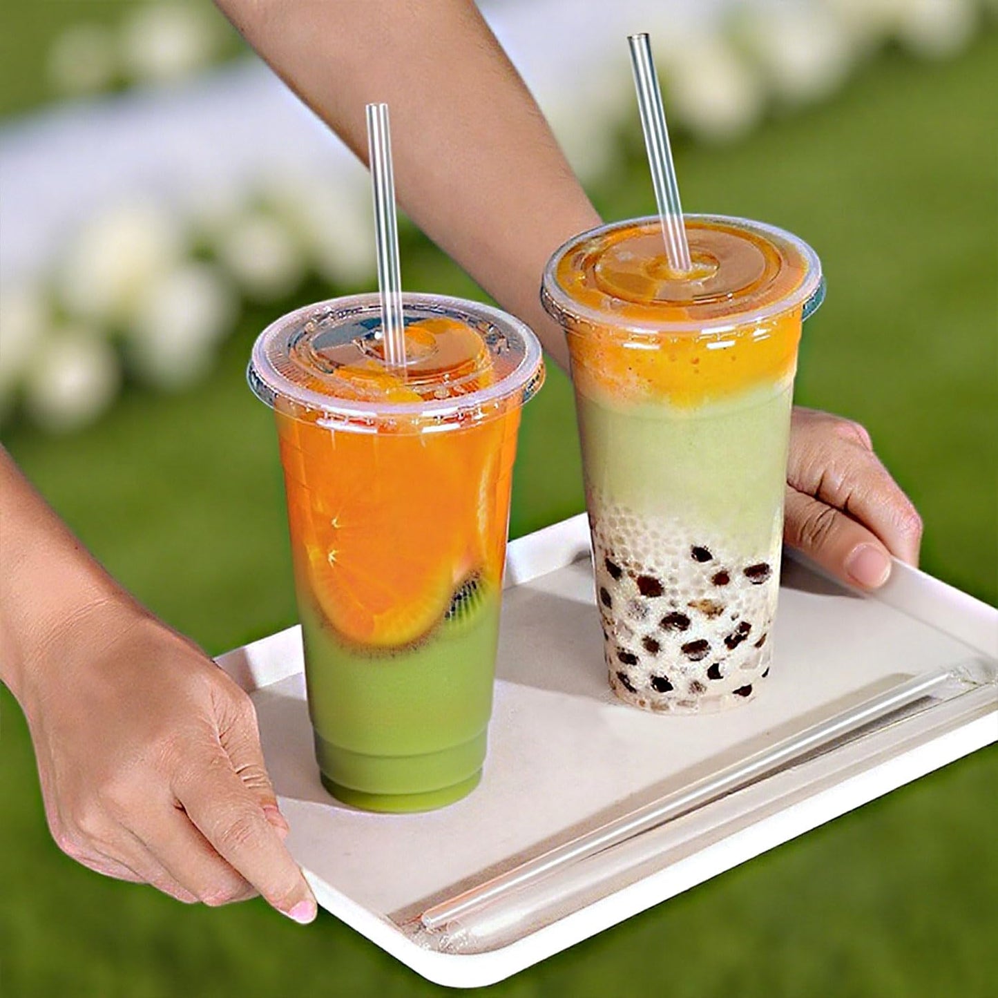 [100 SETS] 32 oz Cups with lids, Plastic cups with lids and straws, iced coffee cup, suitable for takeout iced coffee cold drinks, smoothies, juices, parfaits, Frappuccinos, and milkshakes.