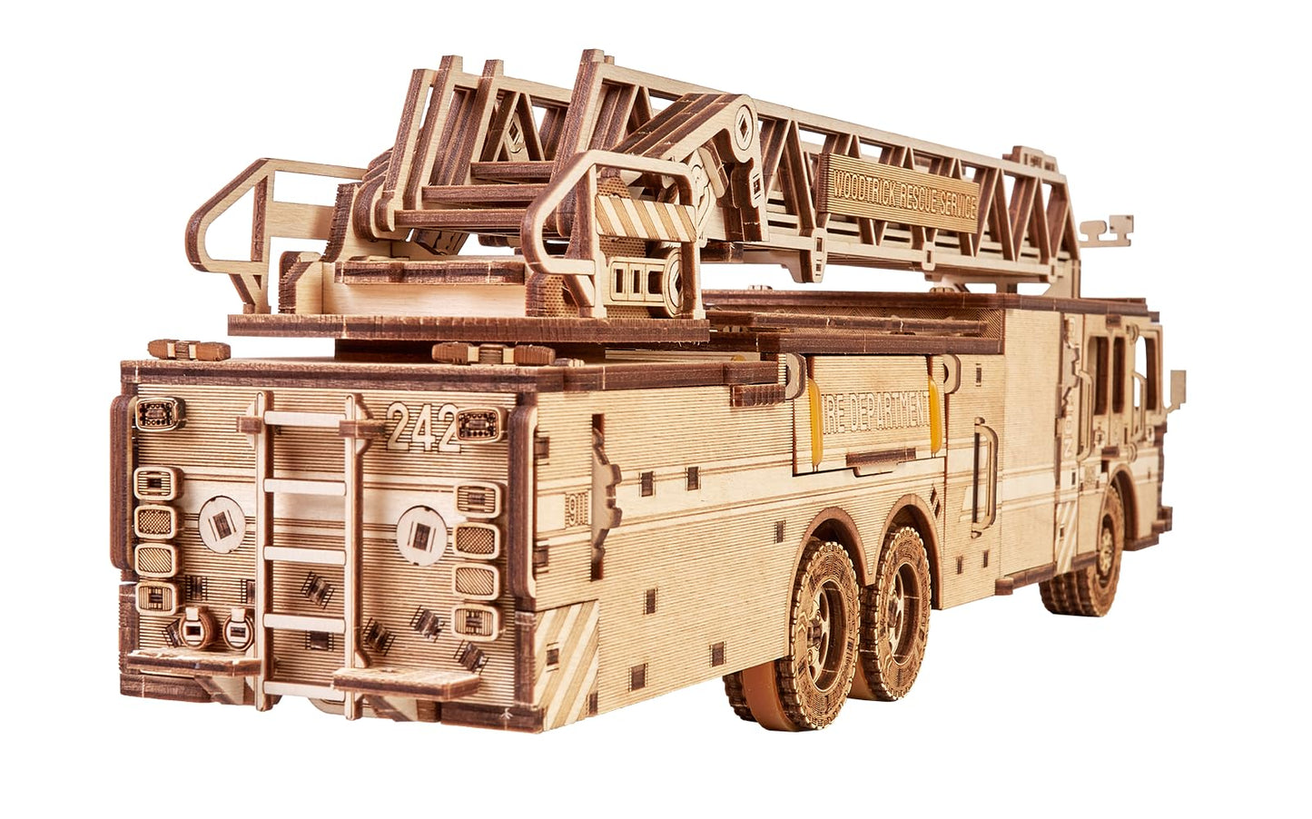 Wood Trick Rescue Firetruck Movable - Rotating Extendable Ladder - 3D Wooden Puzzles for Adults and Kids to Build - Rides up to 20 ft - Wooden Models Engineering DIY Project Mechanical Model Kit