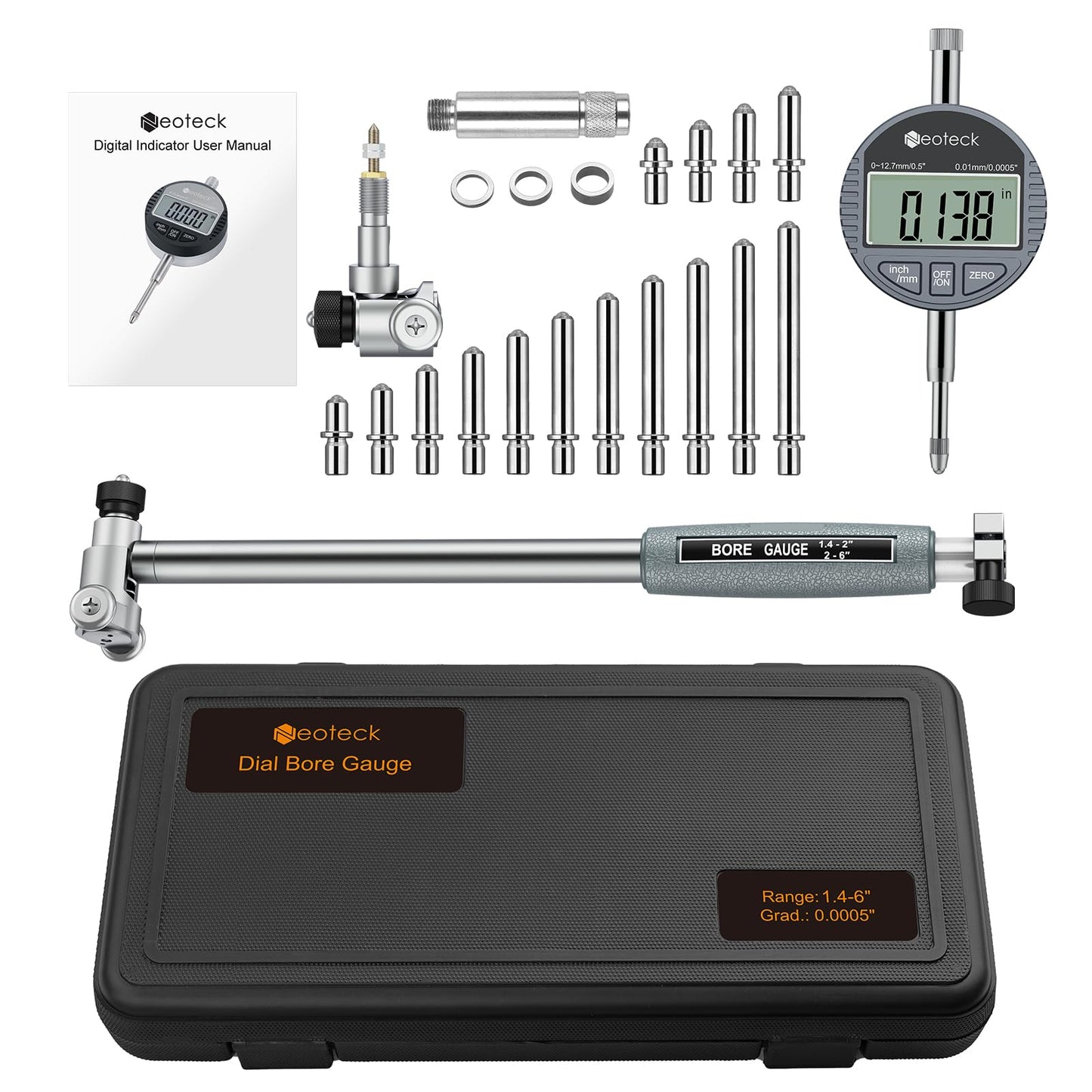 Neoteck 1.4-6"/0.0005" Digital Indicator Bore Gauge Set with 15PCS Anvils 6" Measuring Depth Dial Bore Gauge with ABS Storage Box for Engine Cylinder Measurement