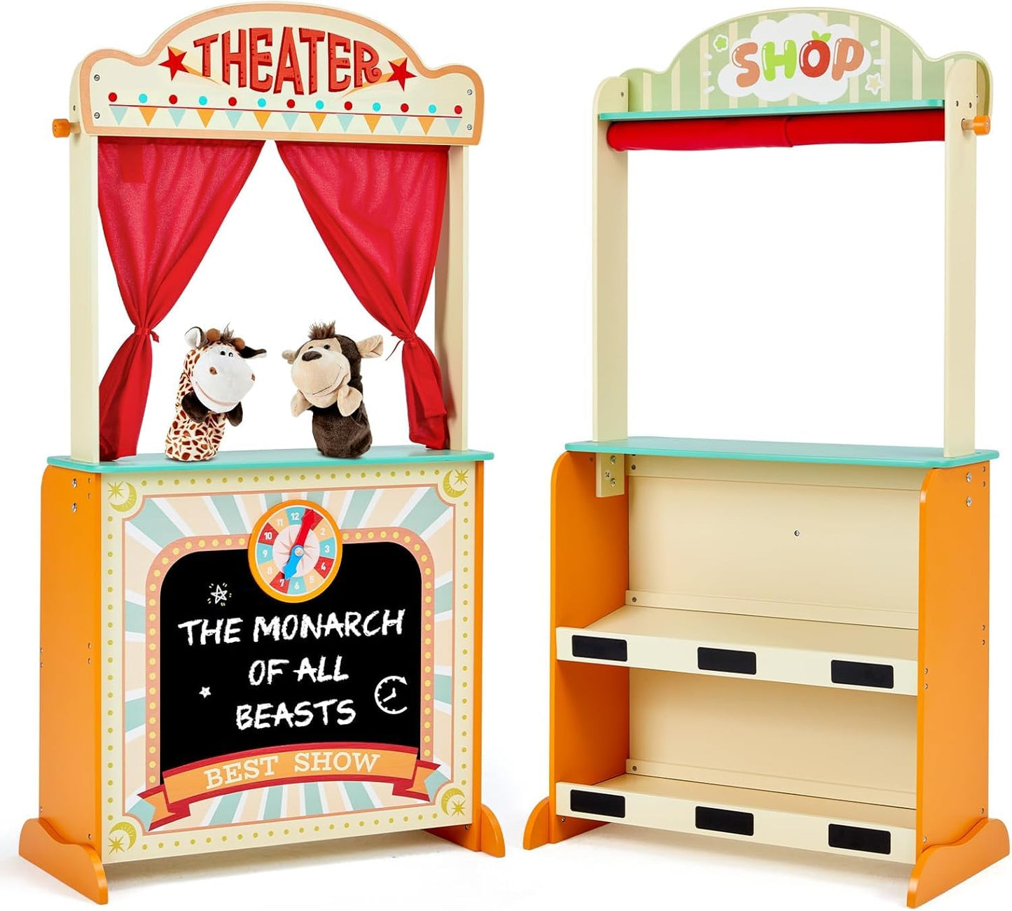 labebe - Deluxe Wooden Puppet Theater Bonus 2 Hand Puppet, ﻿2-in-1 Clock Theater Reversible Play Store, Double-Sided Lemonade Stand, Puppet Show Theater Toy with Chalkboard for Kids 36M+
