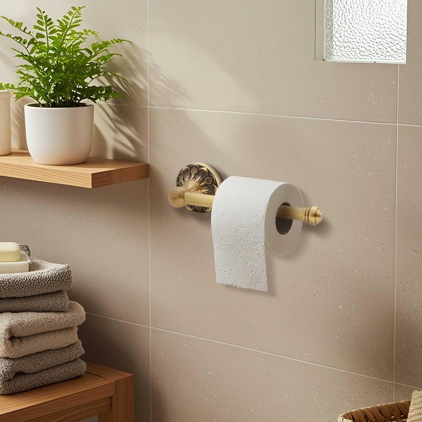 Otoolling 2 Pieces Set Antique Brass Toilet Paper Holder Retro Brass Hand Towel Ring Tissue Roll Paper Hanger Bathroom Hardware Wall Mounted Vintage Bathroom Accessories(Rectangle)