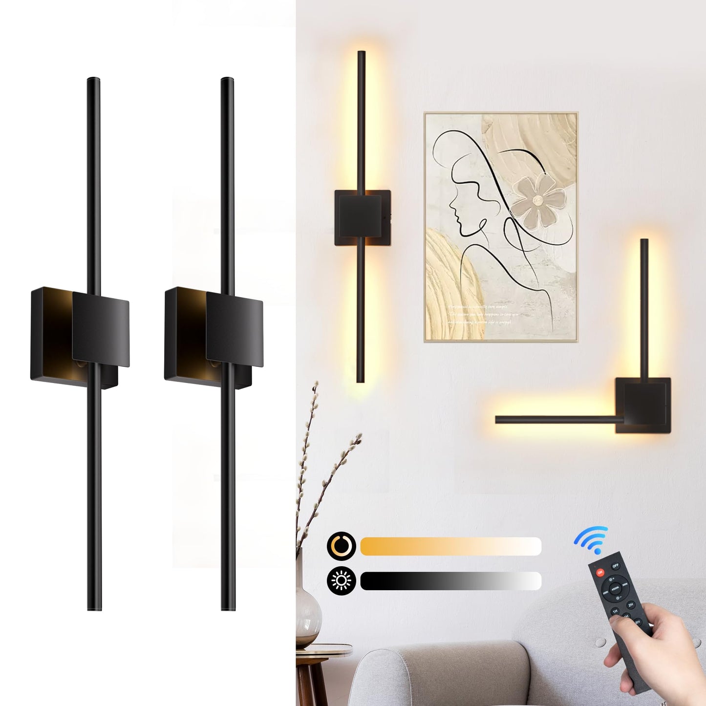 Battery Operated Wall Sconces Set of 2, 𝐔𝐩𝐠𝐫𝐚𝐝𝐞𝐝 8000mAh Rotatable Picture Lights with Remote Control, Dimmable 3000-6500K LED Rechargeable Wall Lights for Living Room Bedroom Mirror, 28.3In