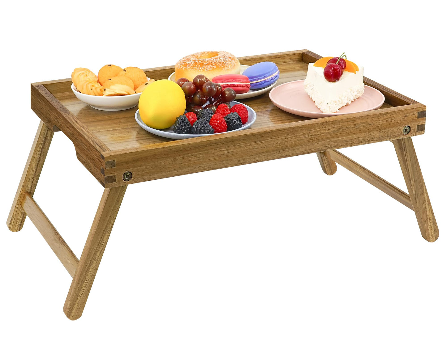 VaeFae Acacia Bed Table Tray, Wooden Breakfast Tray with Folding Legs, Bed Tray for Eating and Laptop, Eating Trays for Bedroom, (2 Pack)