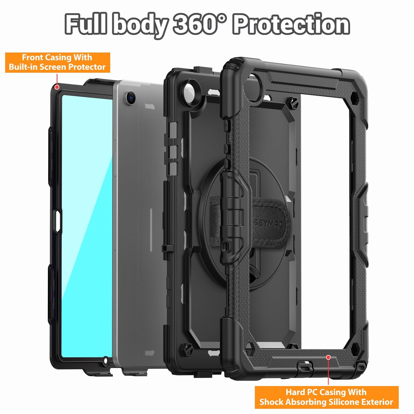 SEYMAC Case for Samsung Galaxy Tab A9+/ A9 Plus Case 11" 2023 (SM-X210/X216/X218), Heavy Duty Shockproof Protective Case with Screen Protector, Rotating Stand and Hand/Shoulder Strap, Black
