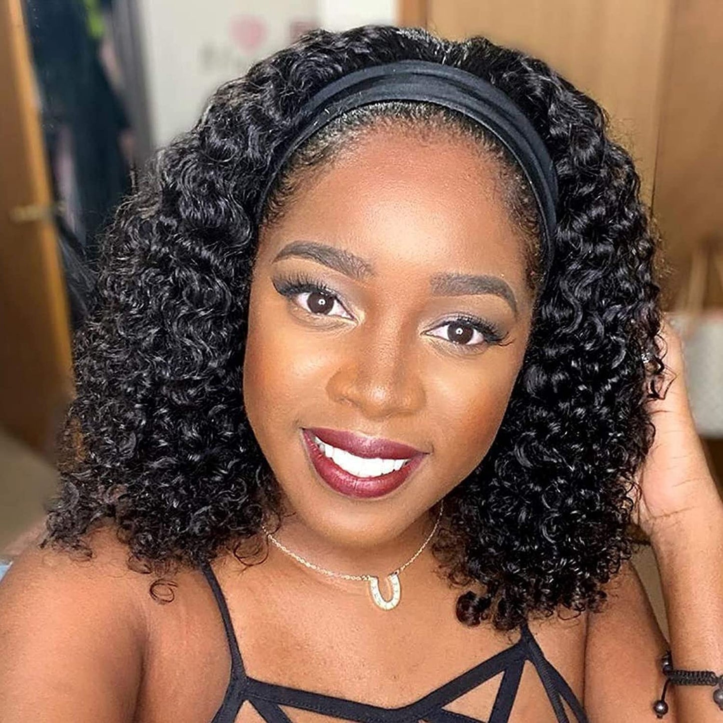 Punmasa Headband Wig Human Hair Deep Wave 12 Inches None Lace Front Wig Human Hair Machine Made Wigs 150% Density Headband Curly Human Hair Wigs for Women Natural Color Half Wigs