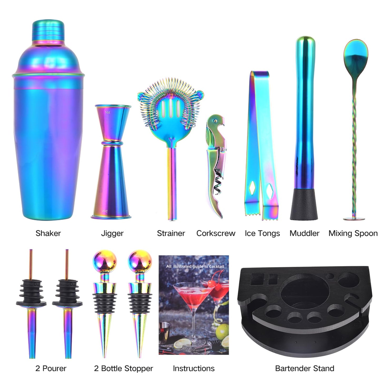 Safring Bartender Kit with Stand, 12-Piece Bar Set | 24oz Cocktail Shaker Set for Drink Mixing, Martini Shaker Set with Bar Tools, Recipes Booklet | Fun Housewarming Gift (Rainbow)