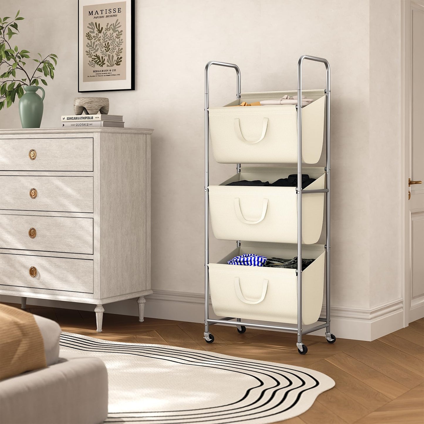 ELYKEN 120L Vertical Rolling Laundry Hamper with Removable Bags, 3 Section Laundry Baskets with Wheels, Space-Saving 3 Tier Laundry Sorter for Small Spaces, Dorm, Bedroom, Bathroom, Laundry Room