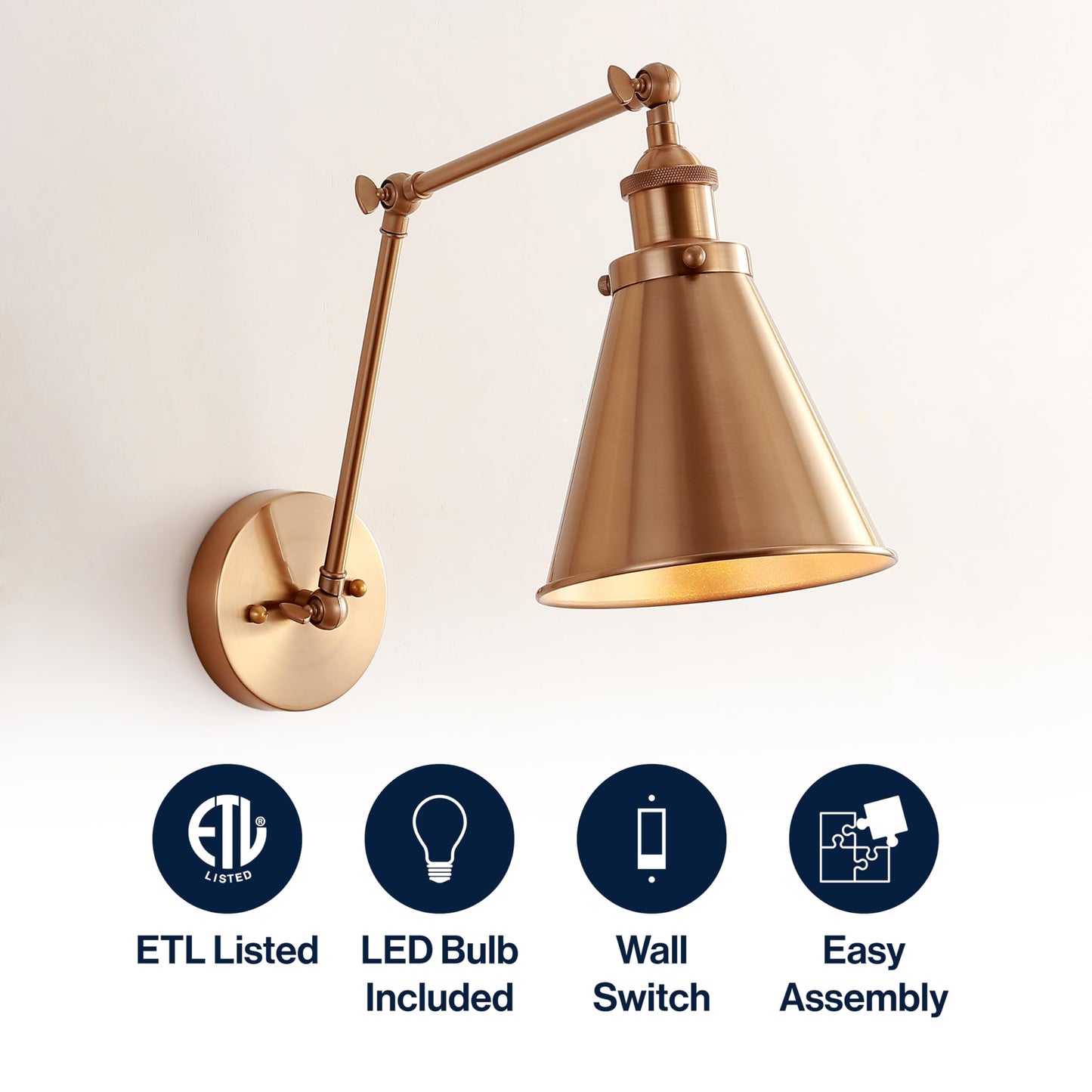JONATHAN Y JYL7461A Rover 7" Farmhouse Industrial Adjustable Arm Metal LED Wall Sconce Rustic Bohemian 2700K LED 4W Bulb for Entryway Lobby Kitchen Bathroom Bedroom Living Room Hallway, Brass Gold
