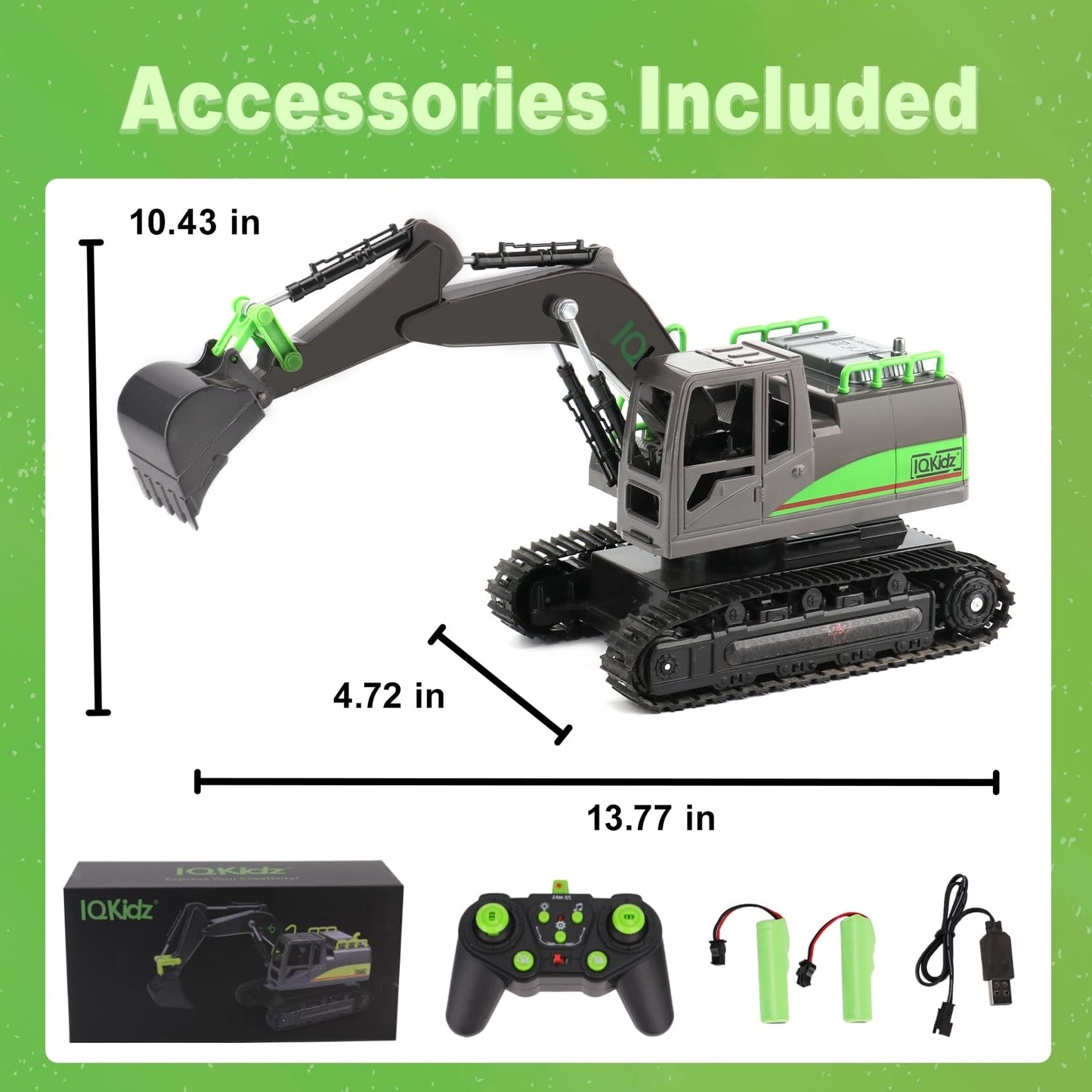 IQKidz Remote Control Excavator Toys for Boys 4-7 Yrs Old - Best Birthday for Kids 3 5 8 9 10+, Metal Shovel Construction Vehicles with Light Sound, 2.4G Rechargeable RC Tracked Digger