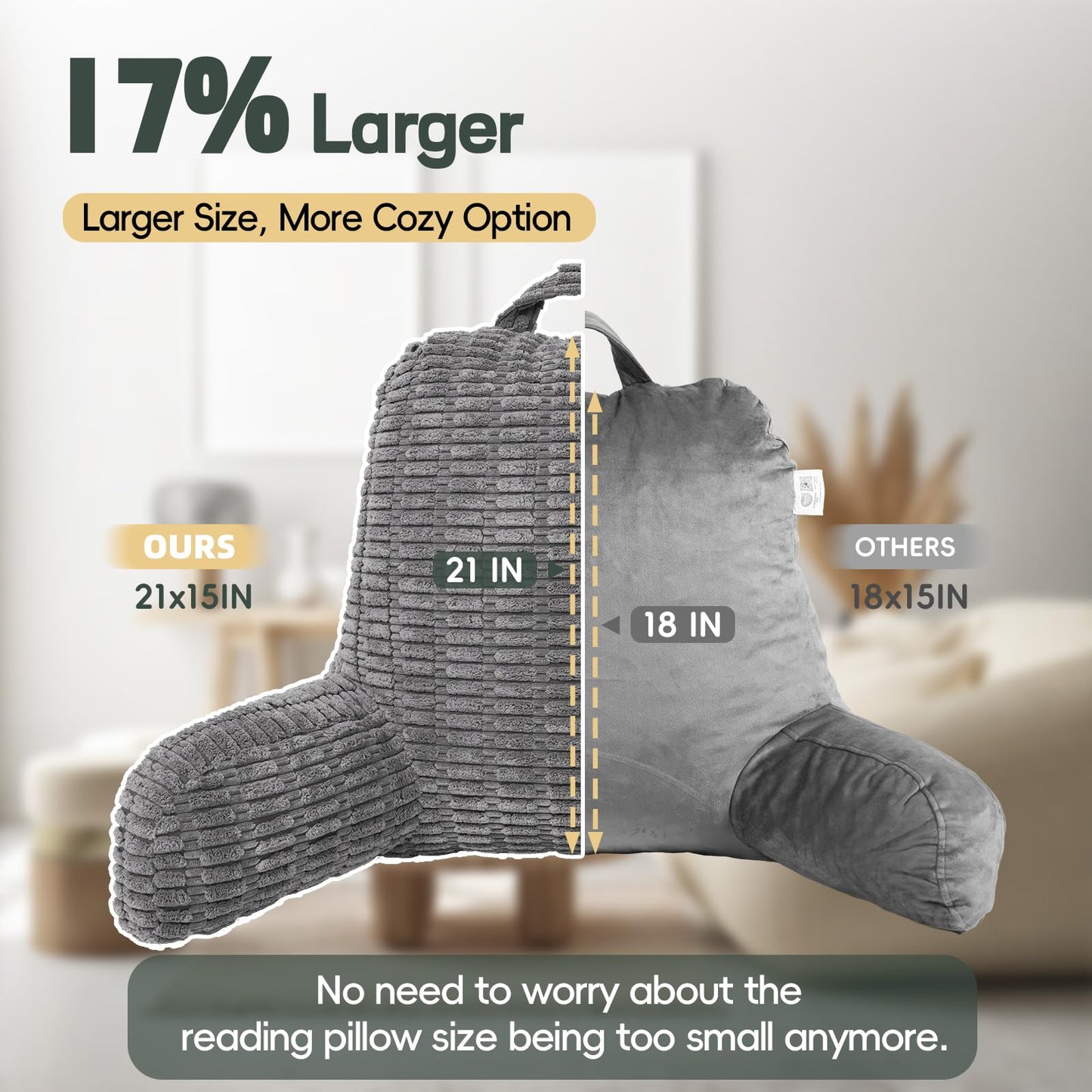 LUISOF 21" Higher Large Reading Pillow for Bed Adult, Back Pillow for Bed Sitting Up with Memory Foam Back Support with Arms Rest for Couch Chair Gray