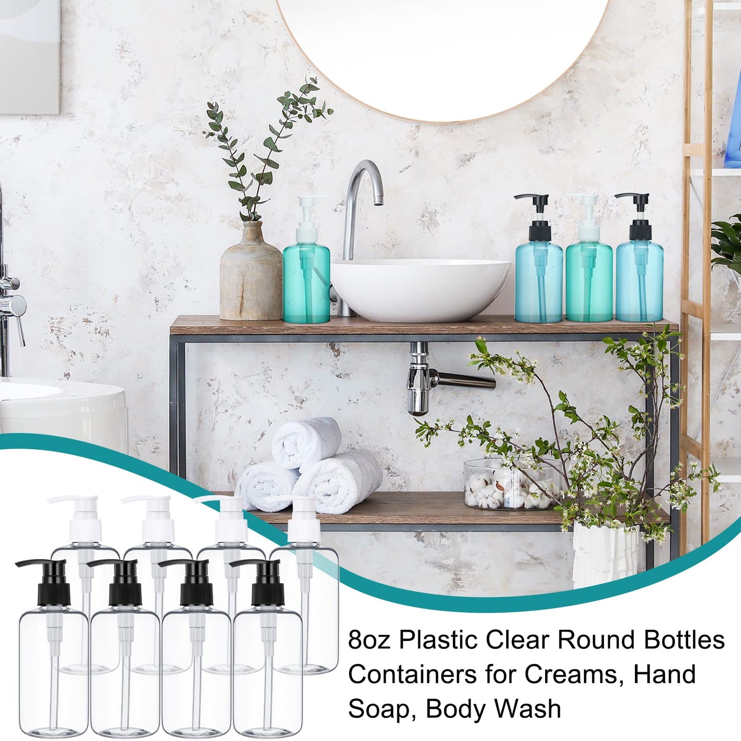 Eccliy 30 Pack 8 oz Clear Empty Lotion Bottles Plastic Pump Bottles Hand Dish Dispenser Round Containers Refillable Container Black White Pumping for Shampoo Conditioner Body Wash Cream Liquid Soap