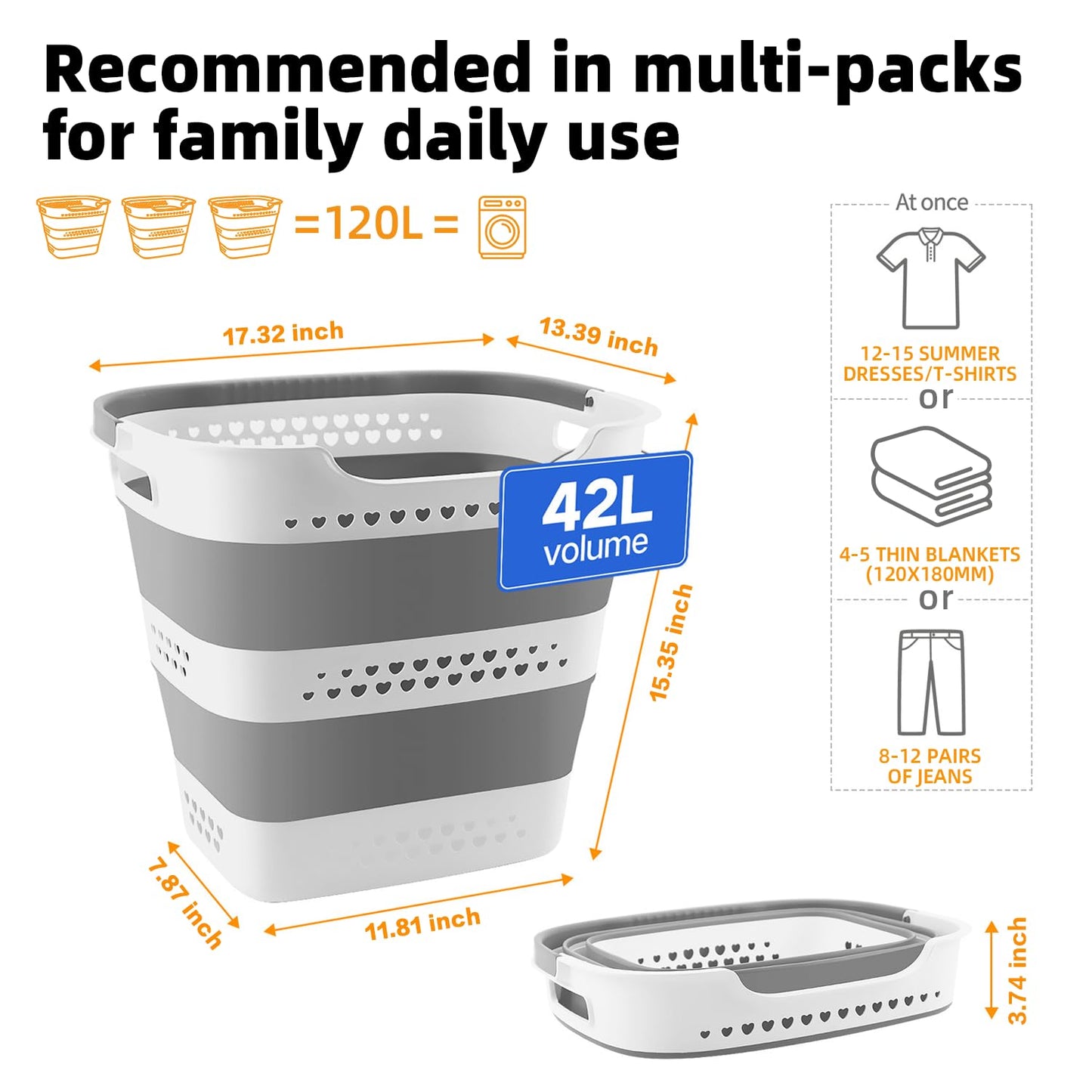 2 Pcs 42L Medium Collapsible Plastic Laundry Basket with Handles, Foldable Laundry Basket Hamper, Pop Up Storage Container Organizer for Washing Storage (Gery, 17 Inch * 13 Inch * 15 Inch)