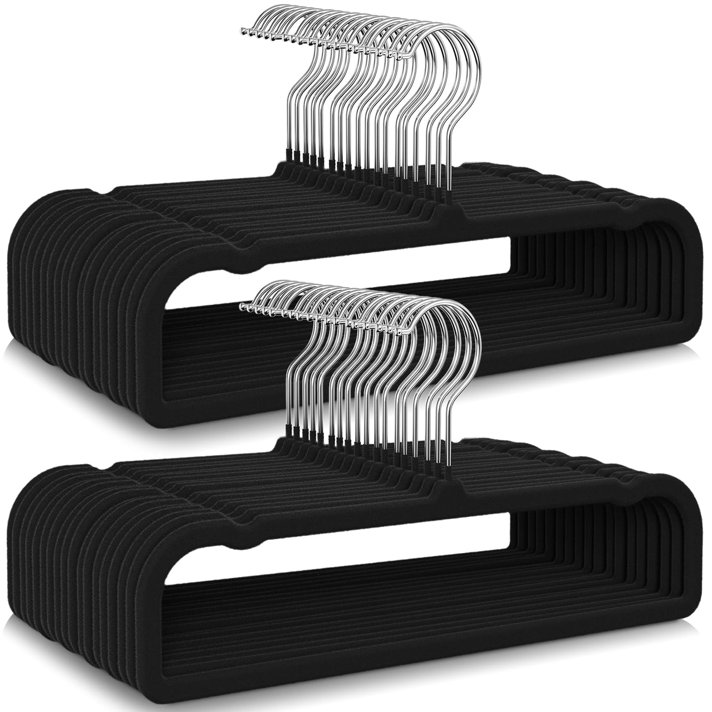 50 Pack Black Velvet Hangers Non Slip, Felt Pants Hangers Thin Space Saving Clothes Hanger Flocked Strong Durable Ganchos para Colgar Ropa with 360°Swivel Hook for Pants Jeans Shorts Skirts Tank Top