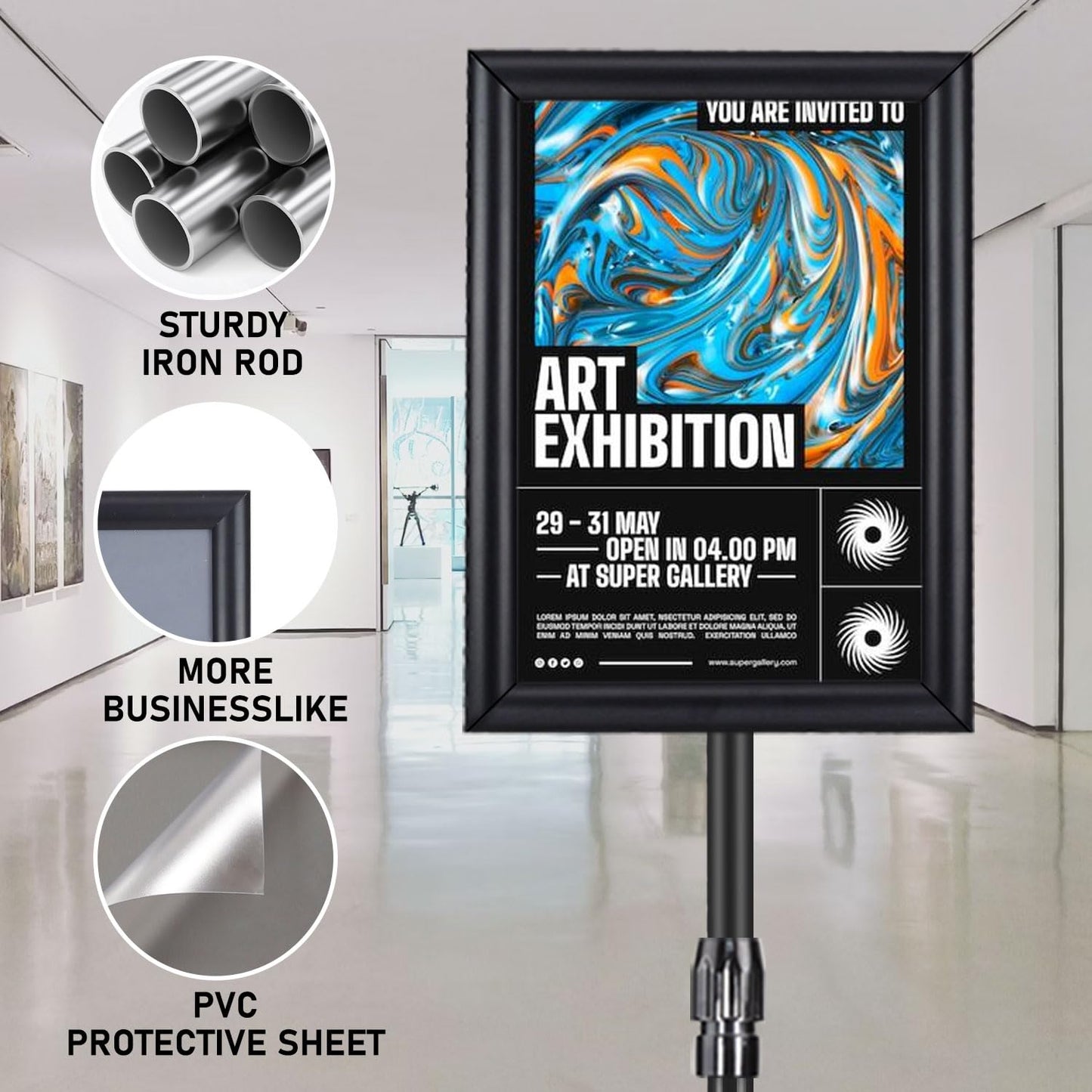 AceShow 2 Pack Sign Holder Stand - 8.5 ×11 inch Standing Display Sign Stand, Adjustable Poster Sign Holder, Heavy Duty Pedestal Floor Sign Stand, Snap Open Frame for Vertical & Horizontal View, Black
